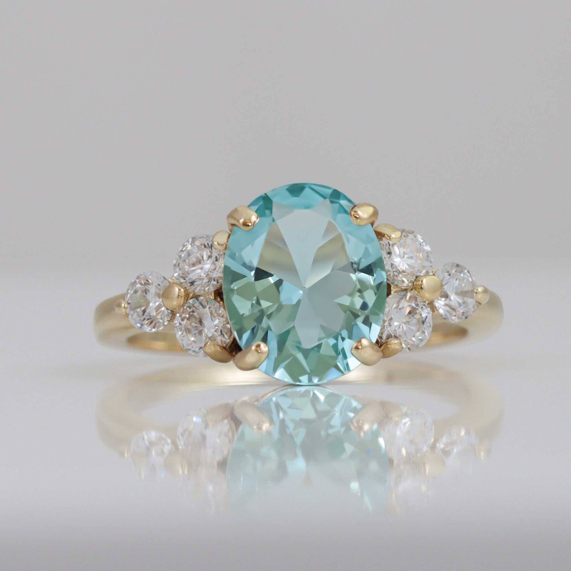 Aquamarine Ring - March Birthstone - Engagement Oval Aquamarine Ring and Clear Quartz Accents - H.L.Jewelry