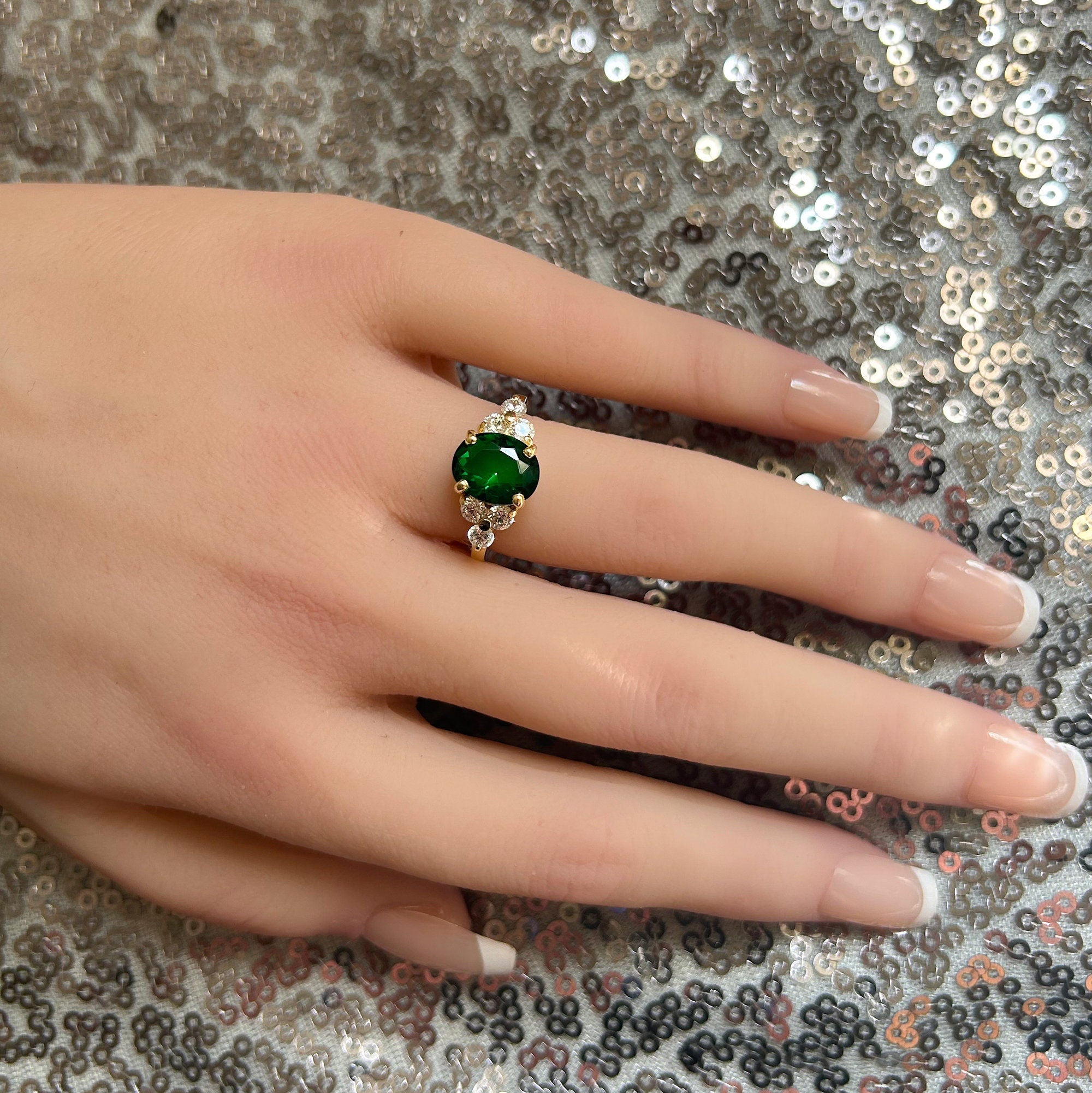 Emerald Ring - May Birthstone - Statement Engagement Ring with Oval Emerald Gemstone and Clear Quartz Accents - H.L.Jewelry