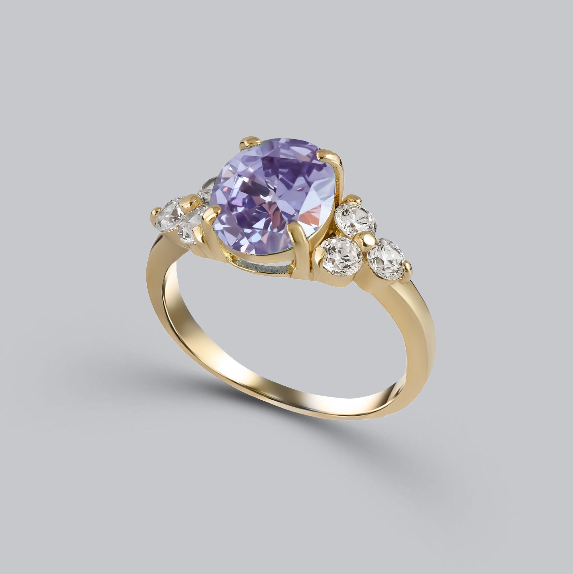 Lavender Amethyst Ring - Statement Engagement Ring with Oval Lavender Amethyst Gemstone and Clear Quartz Accents - H.L.Jewelry