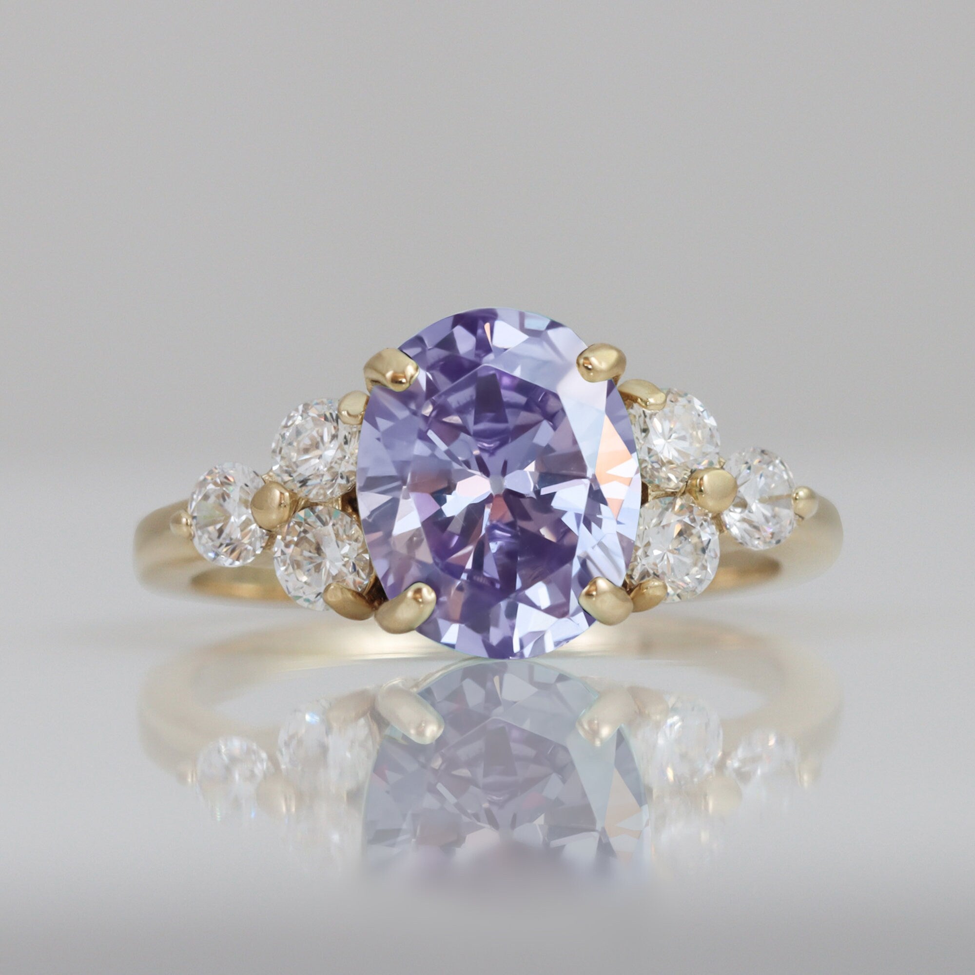 Lavender Amethyst Ring - Statement Engagement Ring with Oval Lavender Amethyst Gemstone and Clear Quartz Accents - H.L.Jewelry