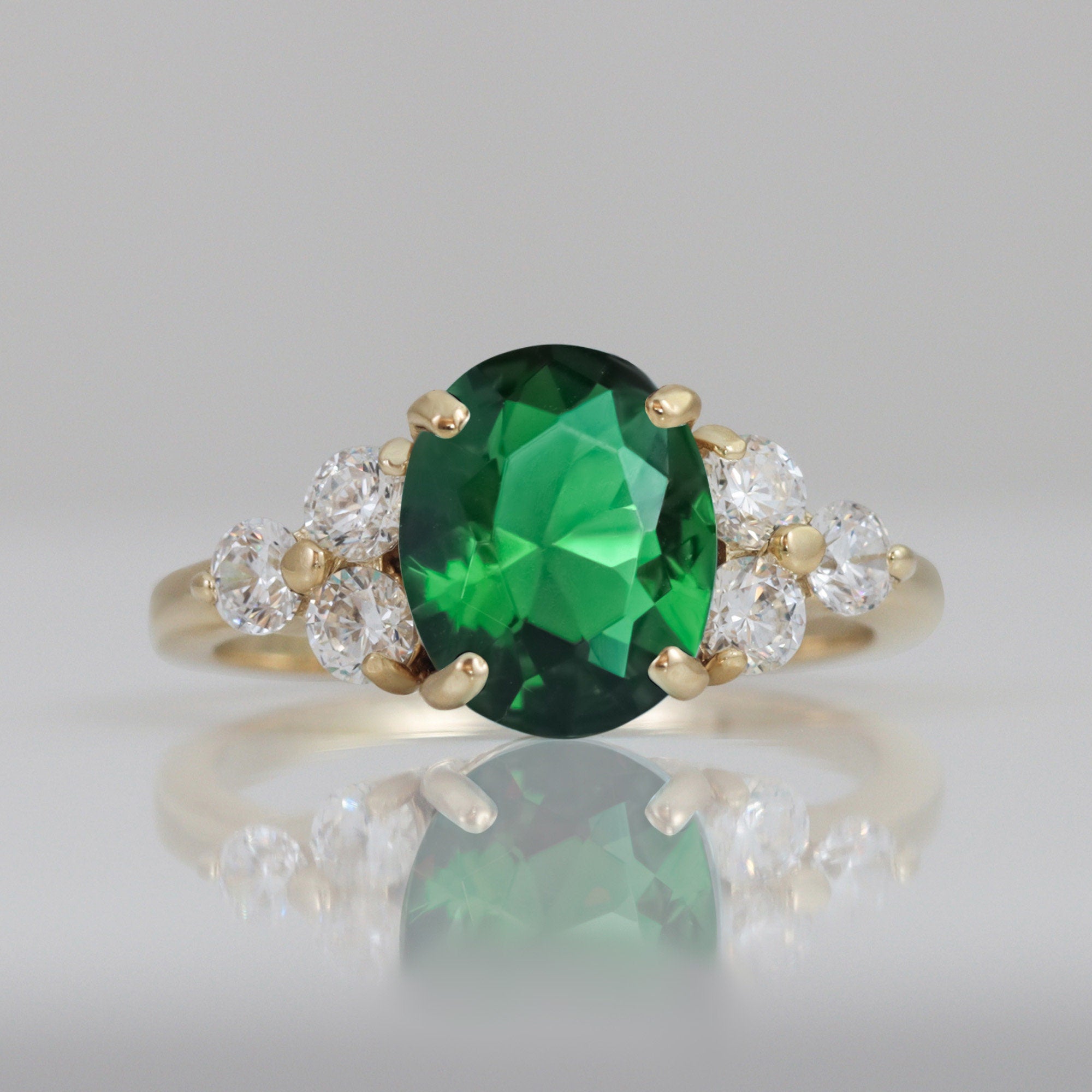 Emerald Ring - May Birthstone - Statement Engagement Ring with Oval Emerald Gemstone and Clear Quartz Accents - H.L.Jewelry