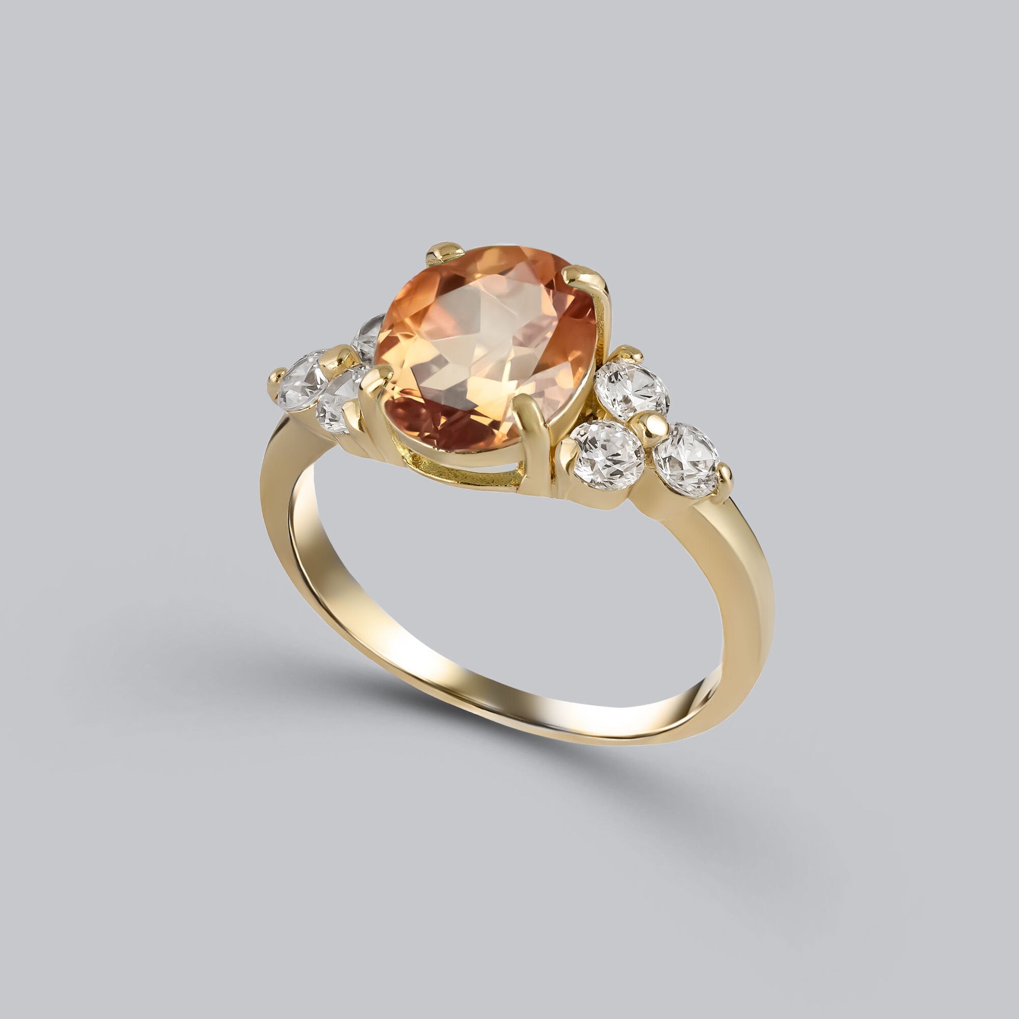 Citrine ring - November Birthstone - Oval Citrine Gemstone Statement Engagement Ring with Clear Quartz Accents - H.L.Jewelry