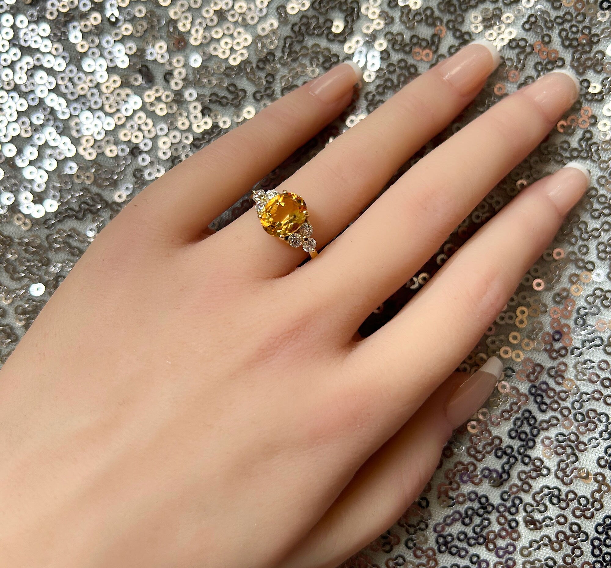 Citrine ring - November Birthstone - Oval Citrine Gemstone Statement Engagement Ring with Clear Quartz Accents - H.L.Jewelry