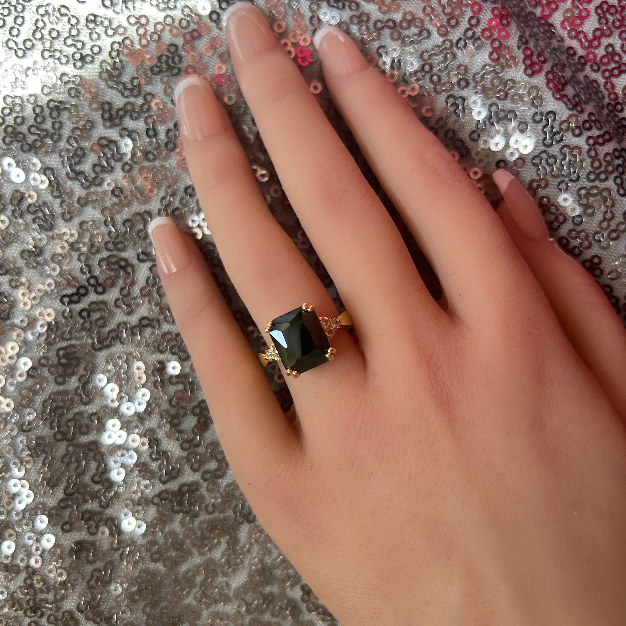 Black Onyx Ring - December Birthstone - Statement Engagement Ring with Octagon Black Onyx Gemstone and Clear Quartz Accents - H.L.Jewelry