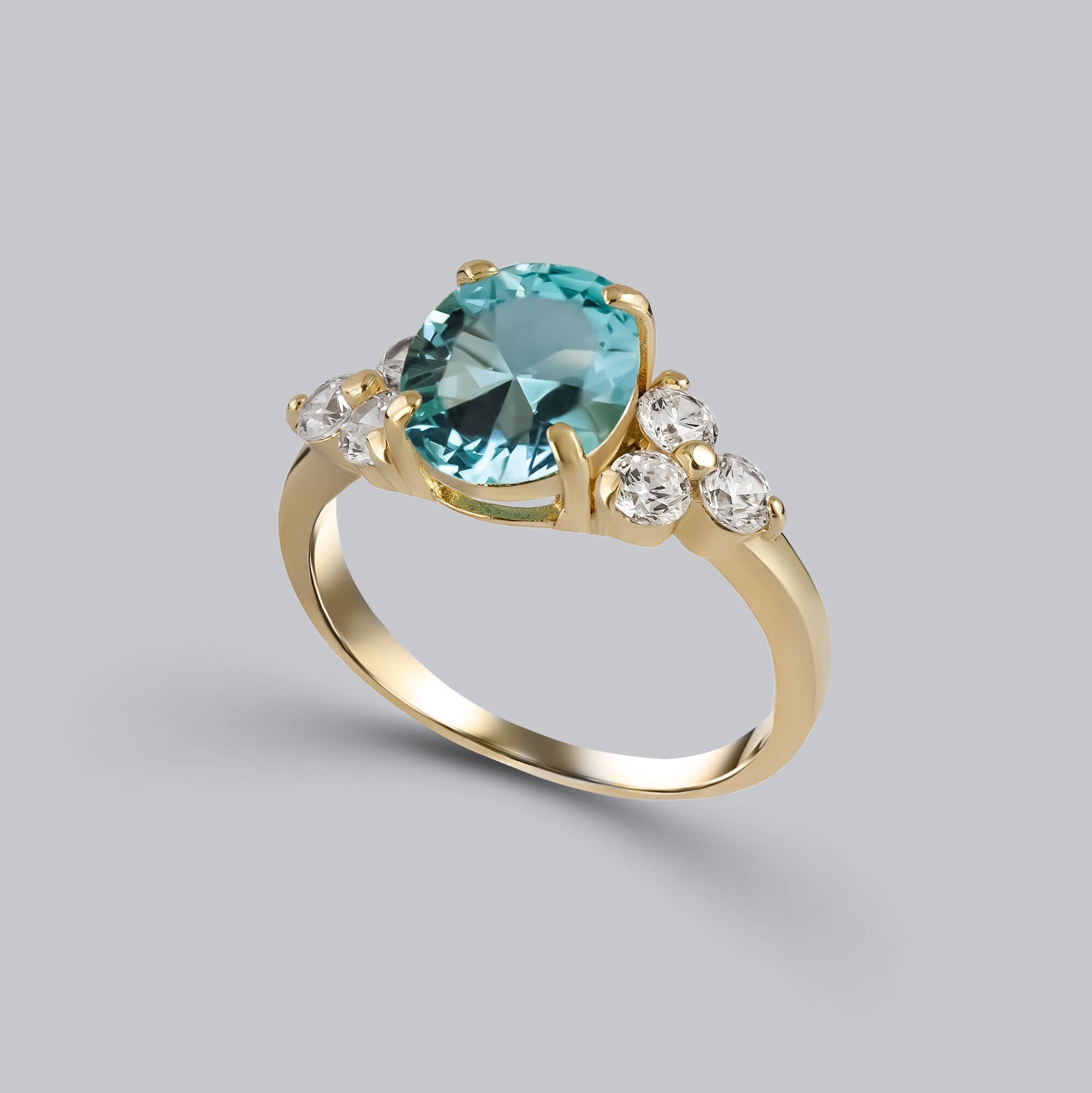 Blue Topaz Ring - December Birthstone - Oval Blue Topaz Statement Engagement Ring with Clear Quartz Accents - H.L.Jewelry