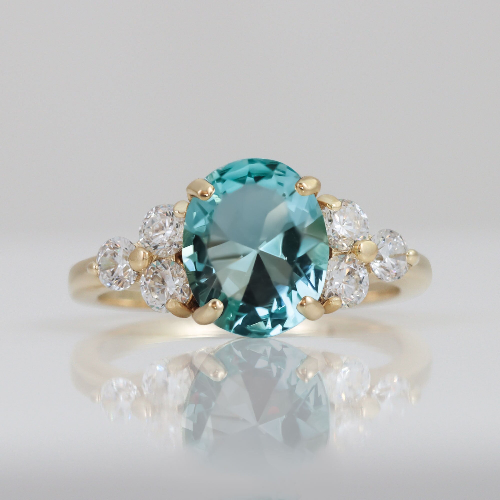 Blue Topaz Ring - December Birthstone - Oval Blue Topaz Statement Engagement Ring with Clear Quartz Accents - H.L.Jewelry