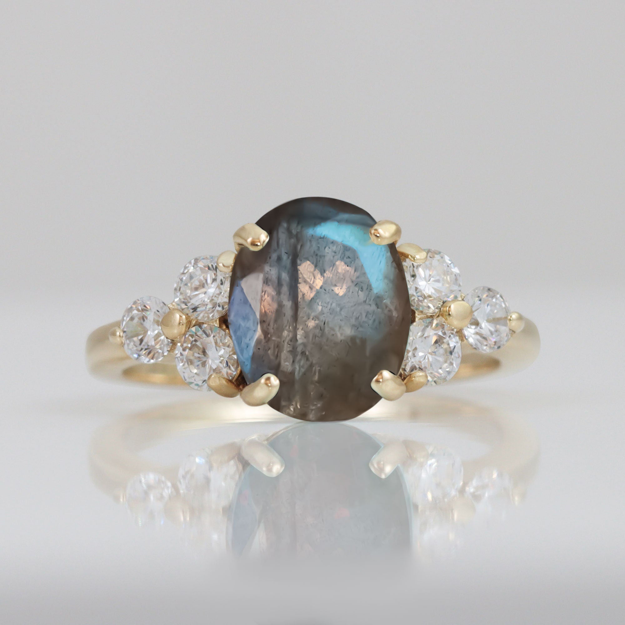 Labradorite Ring - Statement Engagement Ring with Oval Labradorite Gemstone and Clear Quartz Accents - H.L.Jewelry