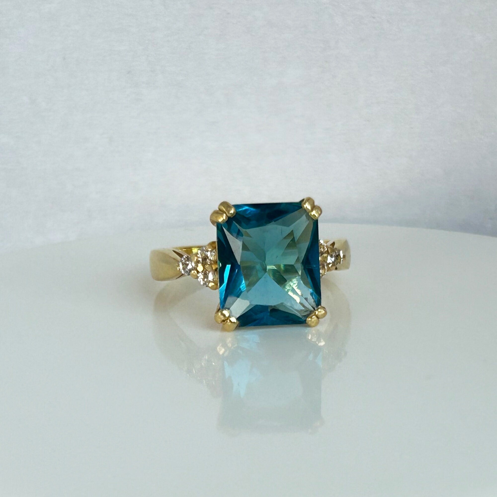 Blue Topaz Ring - December Birthstone - Octagon Blue Topaz Statement Engagement Ring with Clear Quartz Accents - H.L.Jewelry