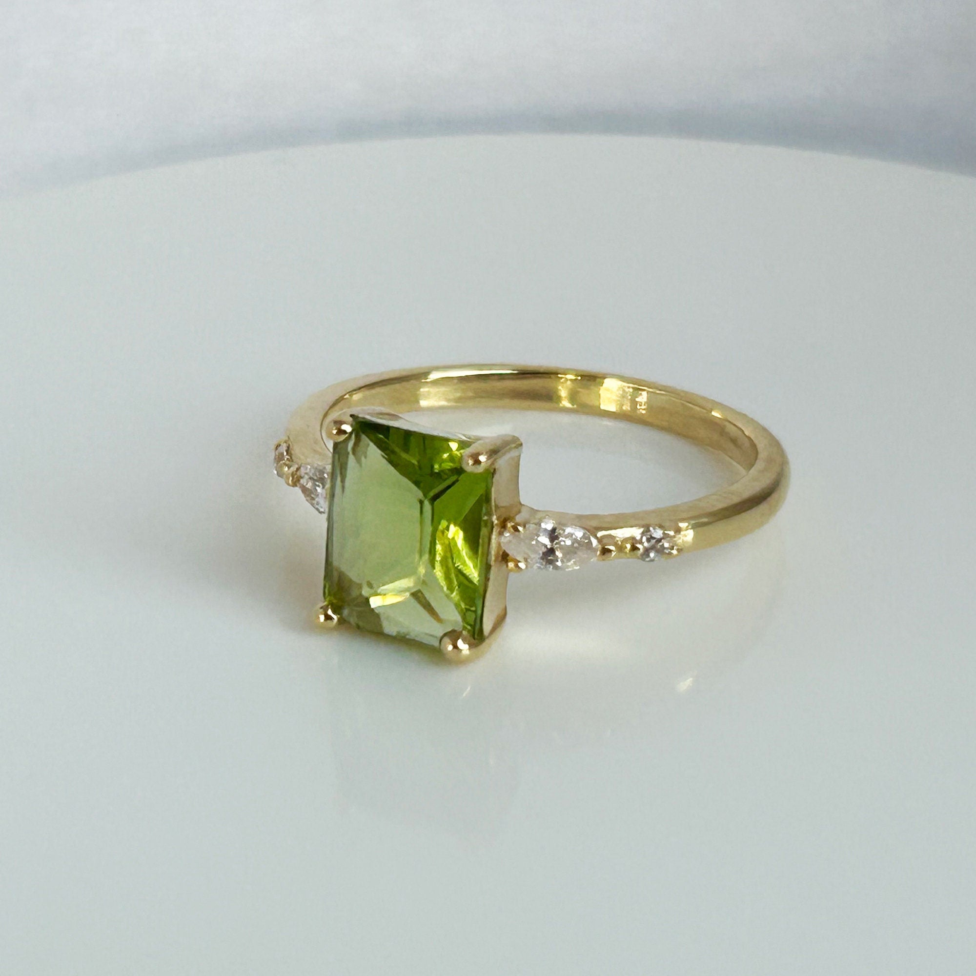 Peridot Ring - August Birthstone Jewelry - Statement Engagement Ring with Octagon Peridot Gemstone and Clear Quartz Accents - H.L.Jewelry