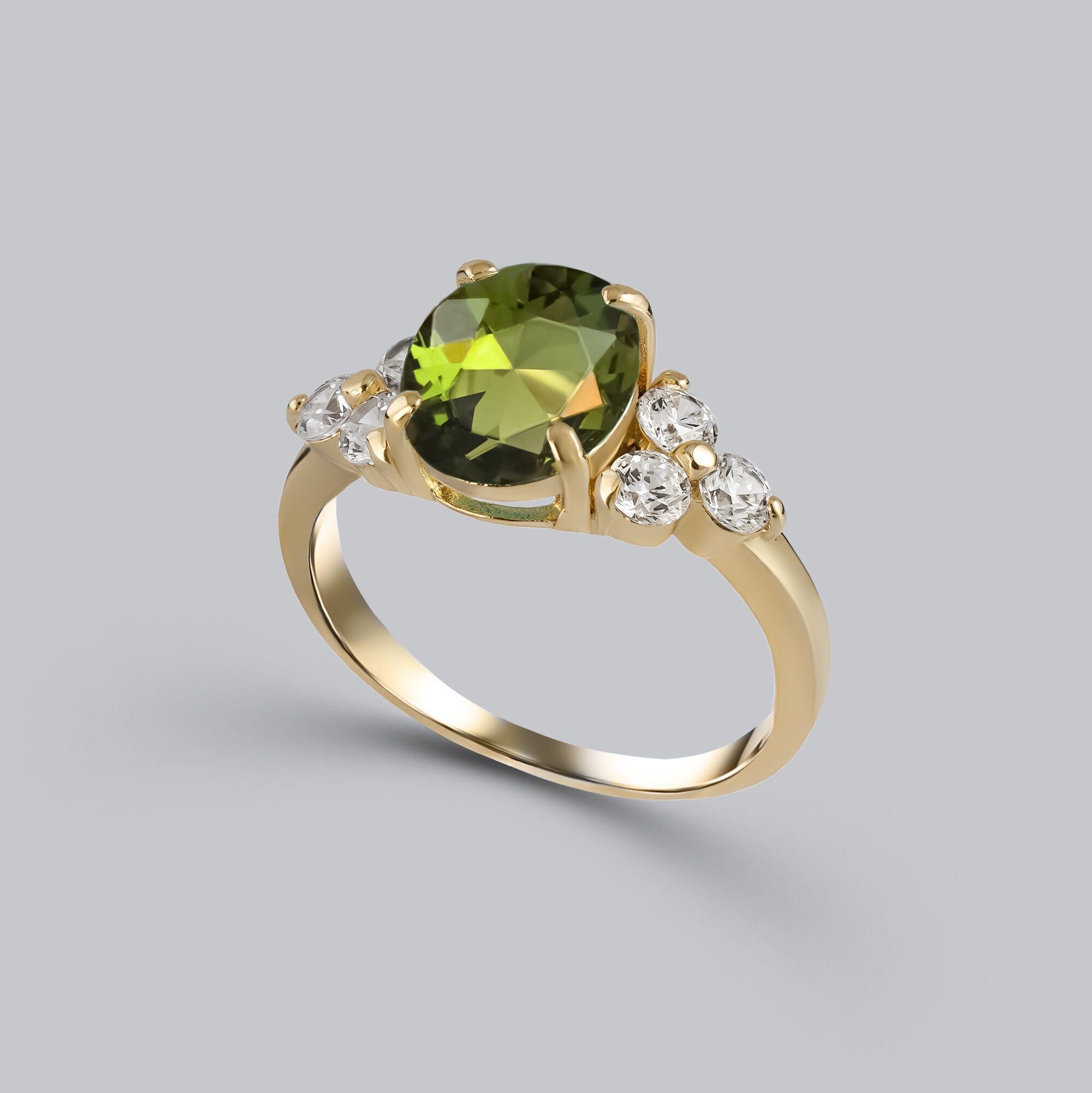 Peridot Ring - August Birthstone Jewelry - Statement Engagement Ring with Oval Peridot Gemstone and Clear Quartz Accents - H.L.Jewelry