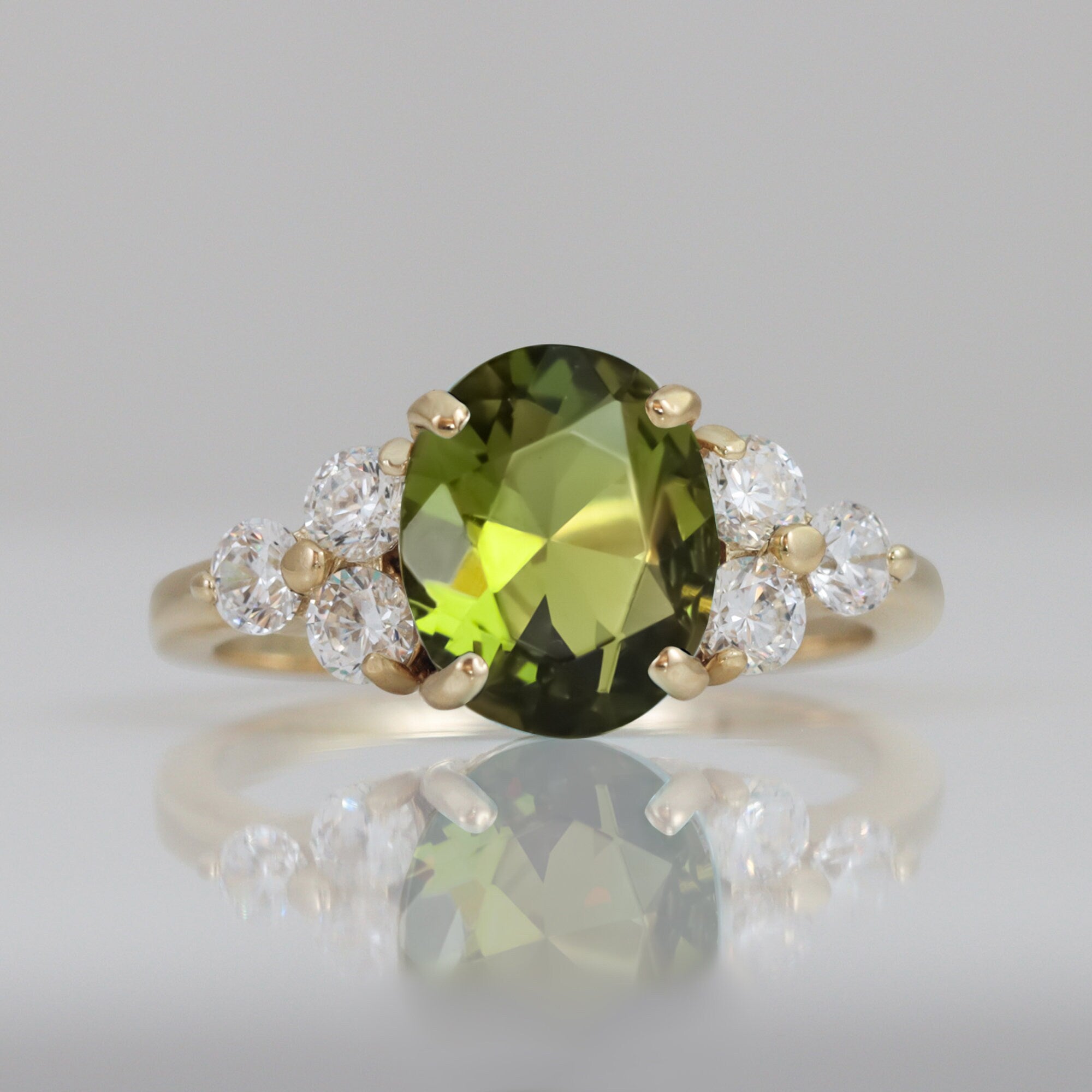 Peridot Ring - August Birthstone Jewelry - Statement Engagement Ring with Oval Peridot Gemstone and Clear Quartz Accents - H.L.Jewelry