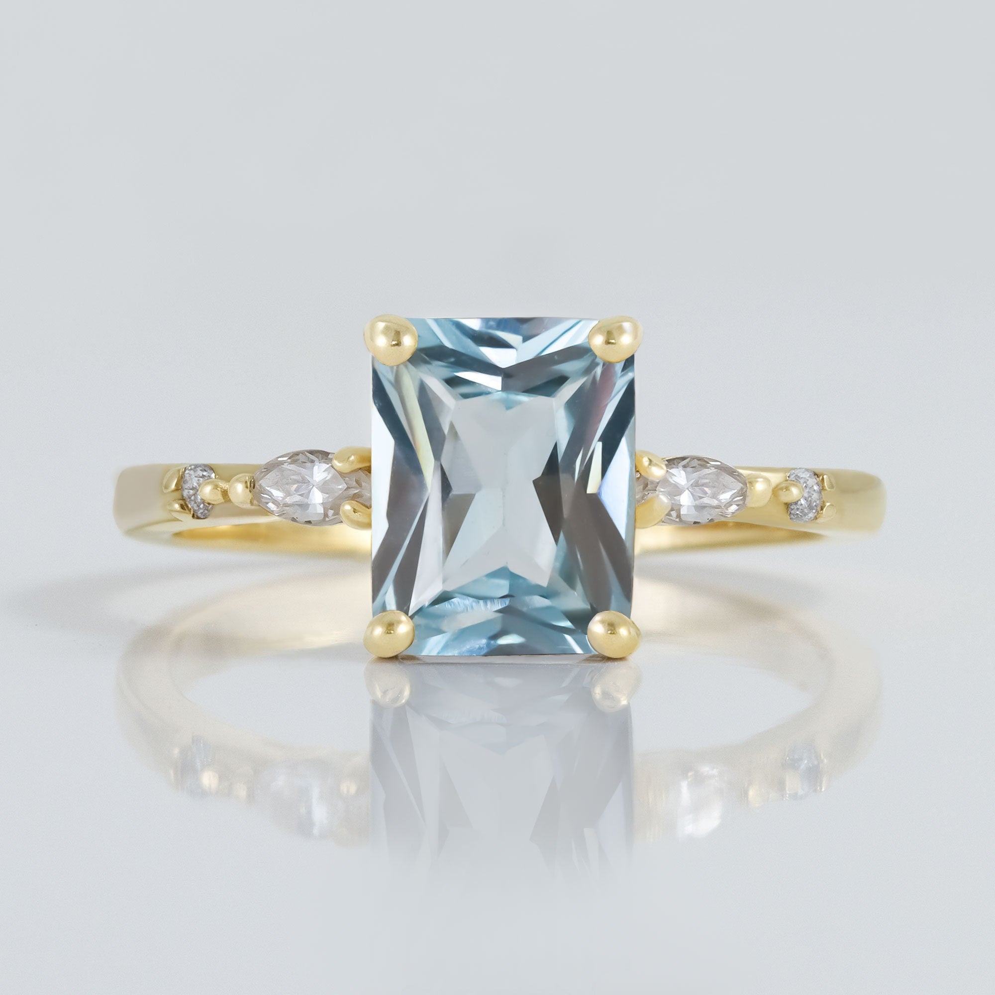 Aquamarine Ring - March Birthstone - Octagon Aquamarine Ring and Marquise/Round Clear Quartz Accents - H.L.Jewelry