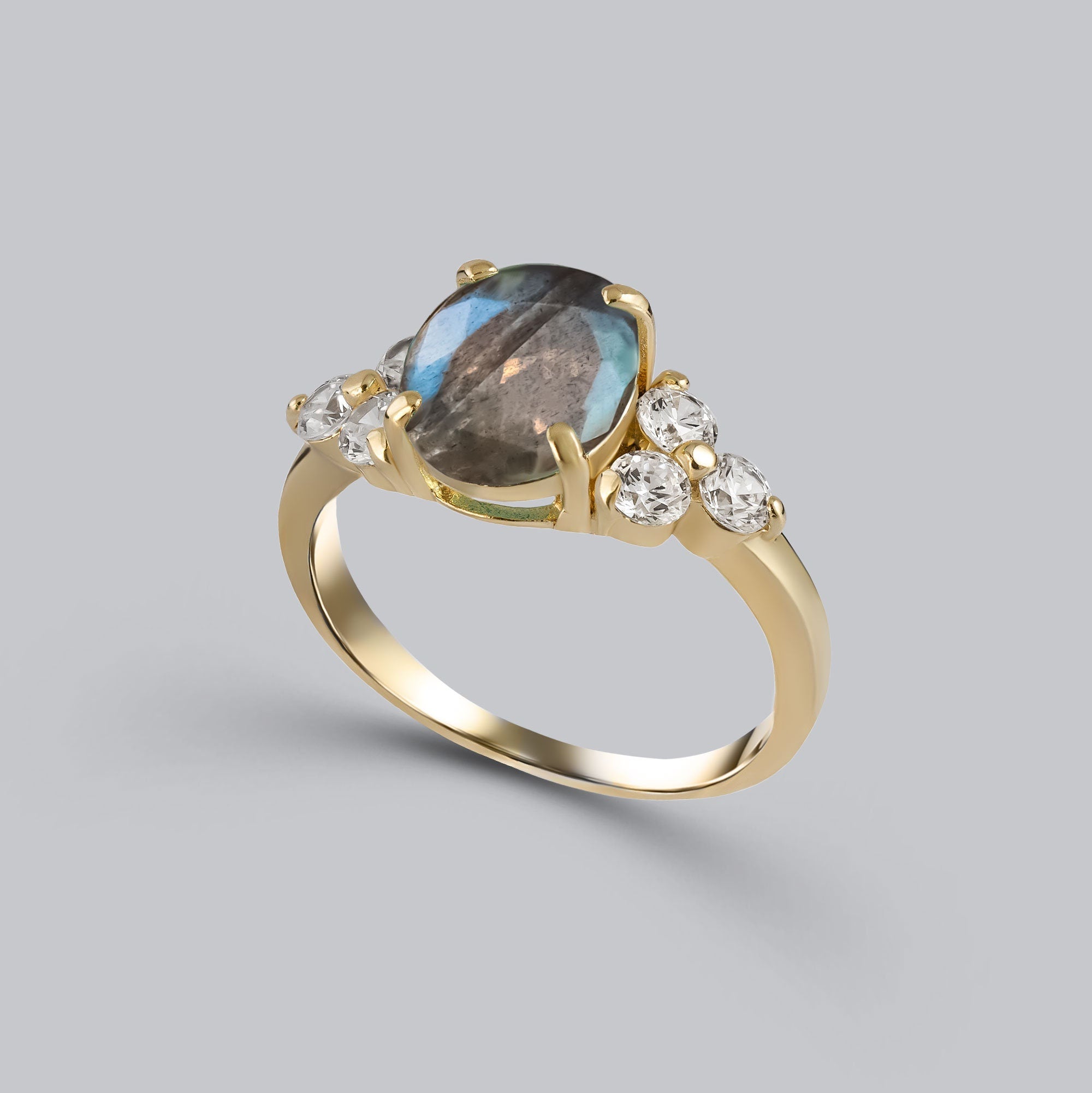 Labradorite Ring - Statement Engagement Ring with Oval Labradorite Gemstone and Clear Quartz Accents - H.L.Jewelry