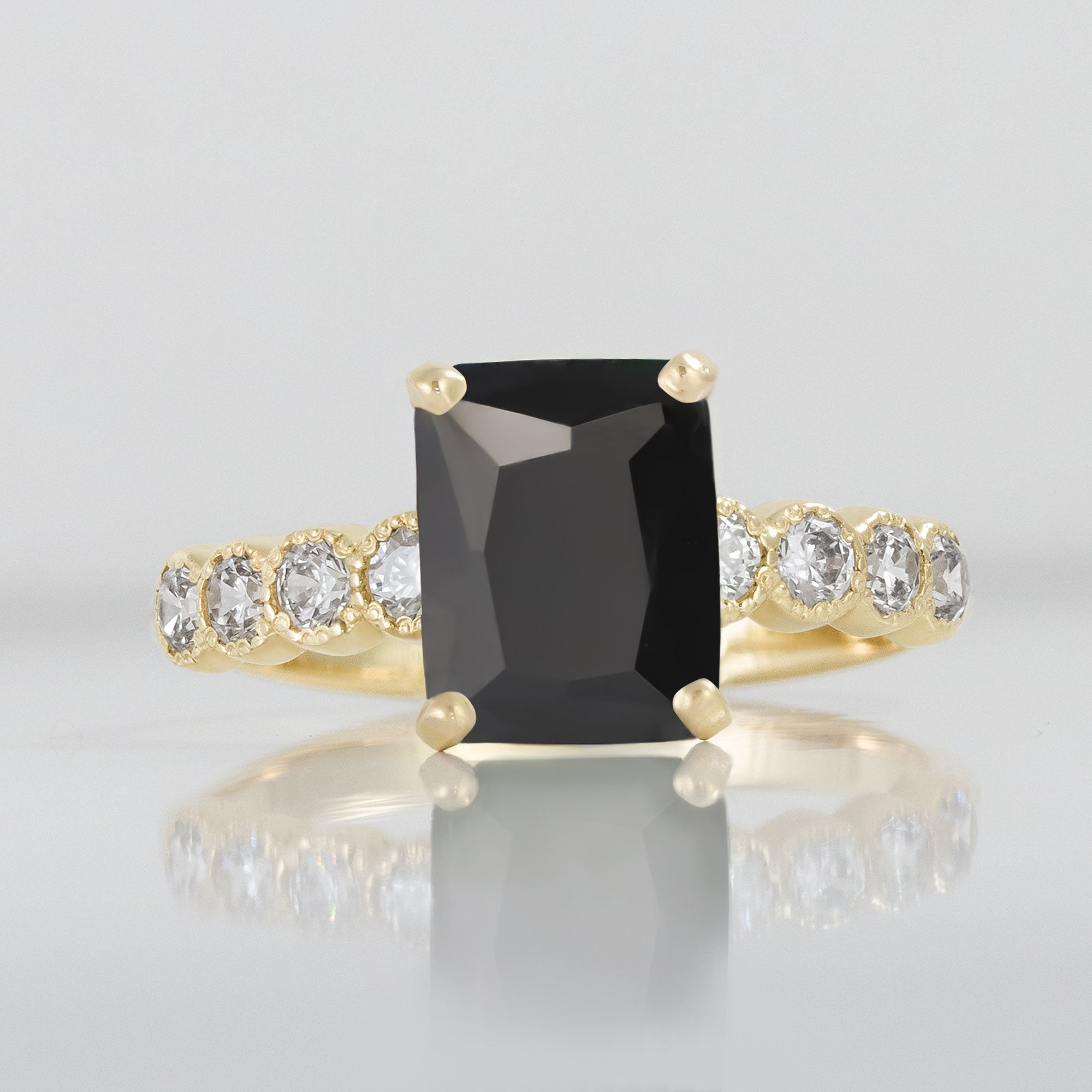 Black Onyx Ring - December Birthstone - Statement Engagement Ring with Octagon Black Onyx and Clear Quartz Accents - H.L.Jewelry