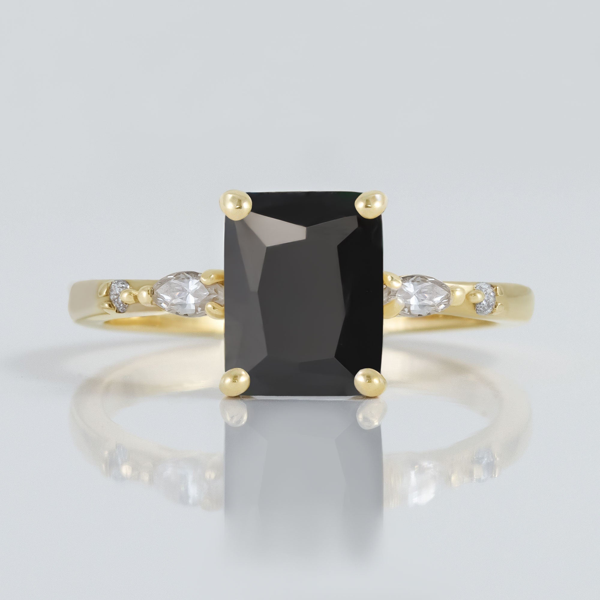 Black Onyx Ring - December Birthstone - Statement Engagement Ring with Octagon Black Onyx Middle Gemstone and Clear Quartz Accents - H.L.Jewelry