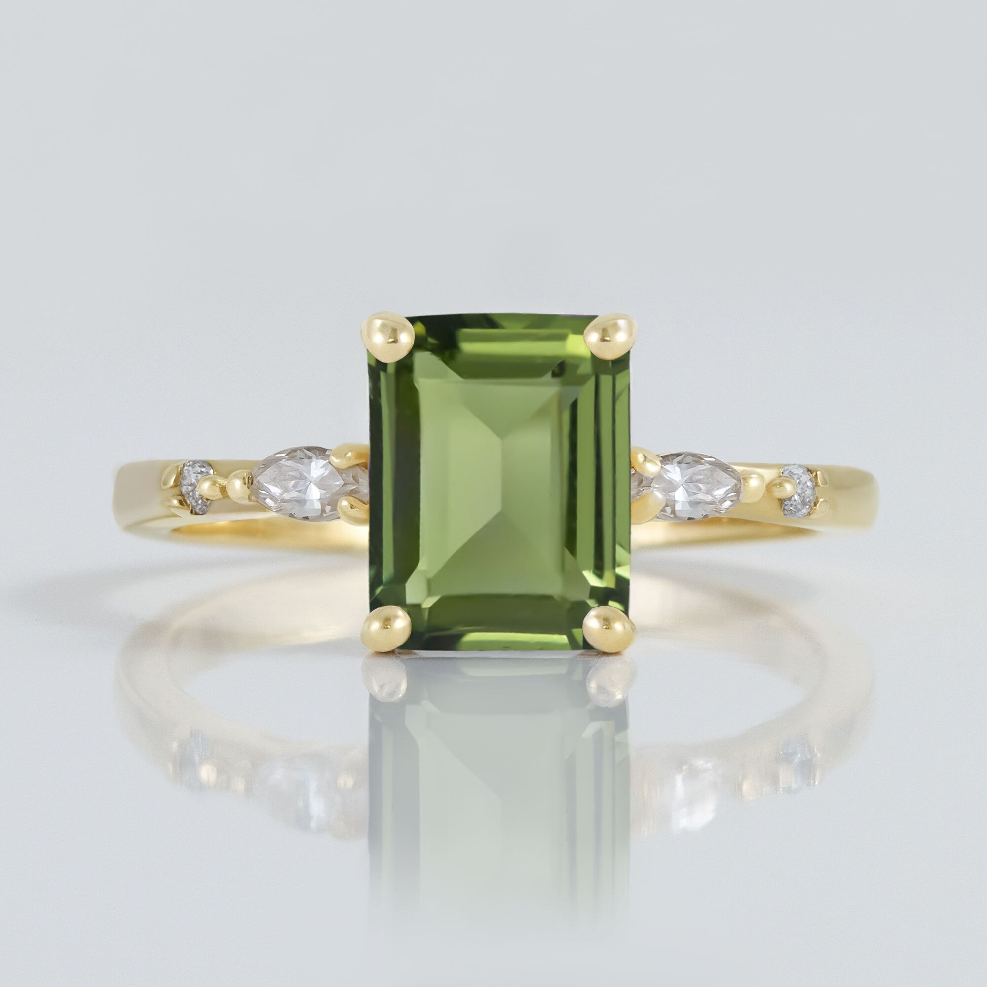 Green Tourmaline Ring - Statement Ring with Octagon Green Tourmaline and Marquise/Round Clear Quartz Accents - H.L.Jewelry