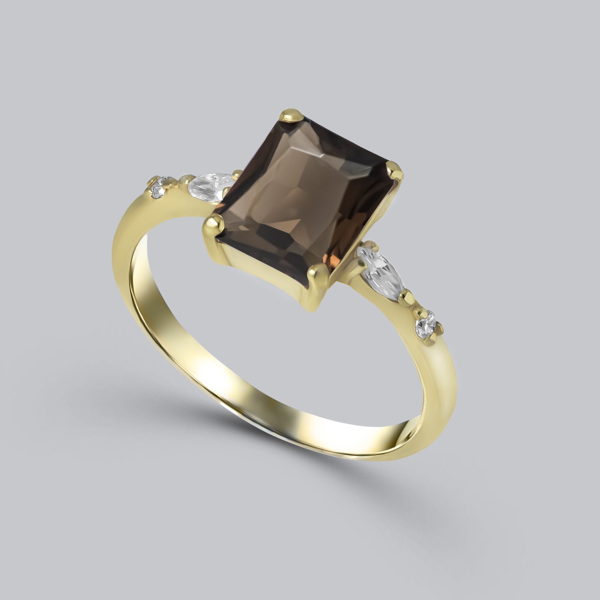 Smoky Quartz Ring - Gold Ring - Statement Ring - Engagement Ring - Rectangle Ring - Cocktail Ring - H.L.Jewelry