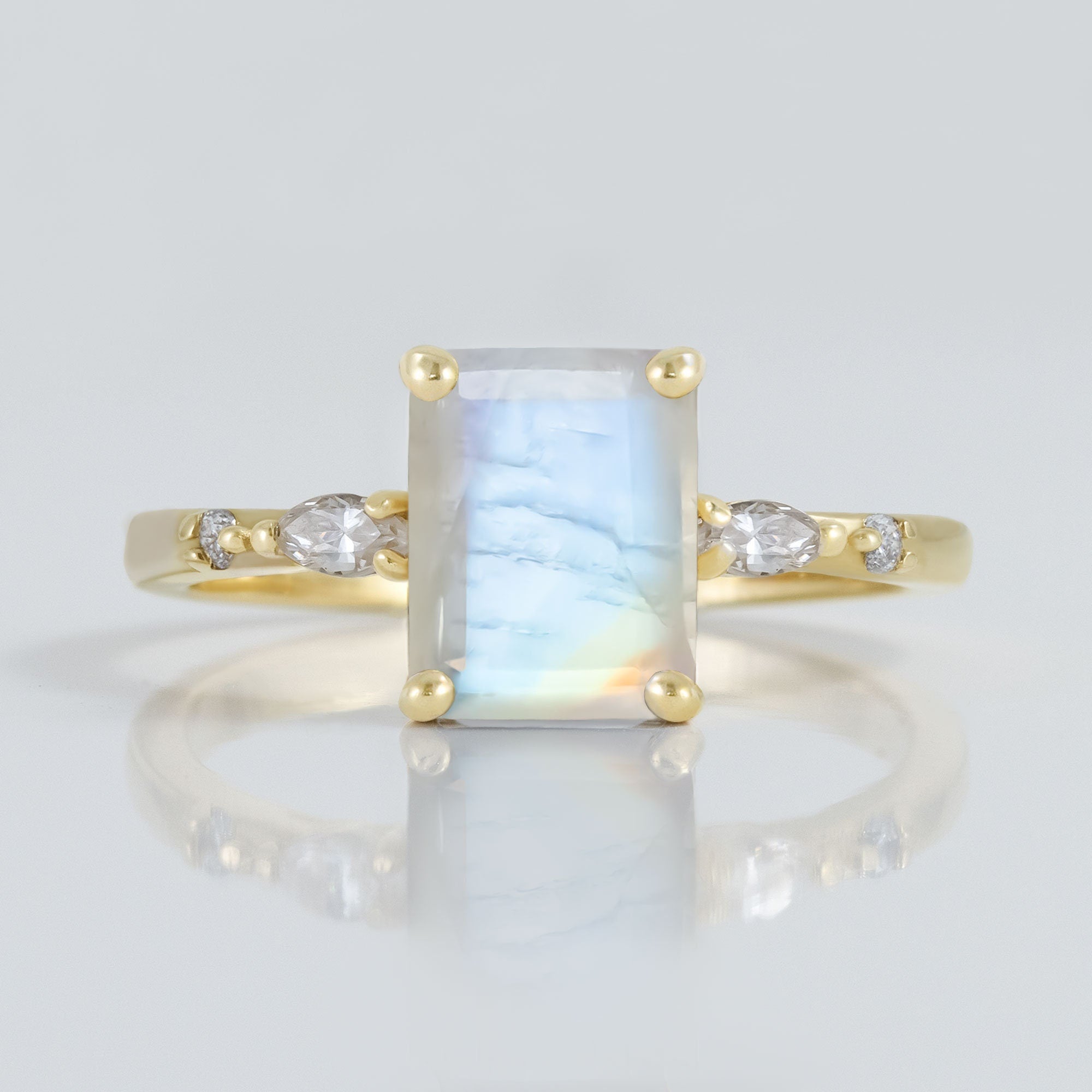 Rainbow Moonstone Ring - June Birthstone - Ring with Octagon Rainbow Moonstone and Marquise/Round Clear Quartz Accents - H.L.Jewelry