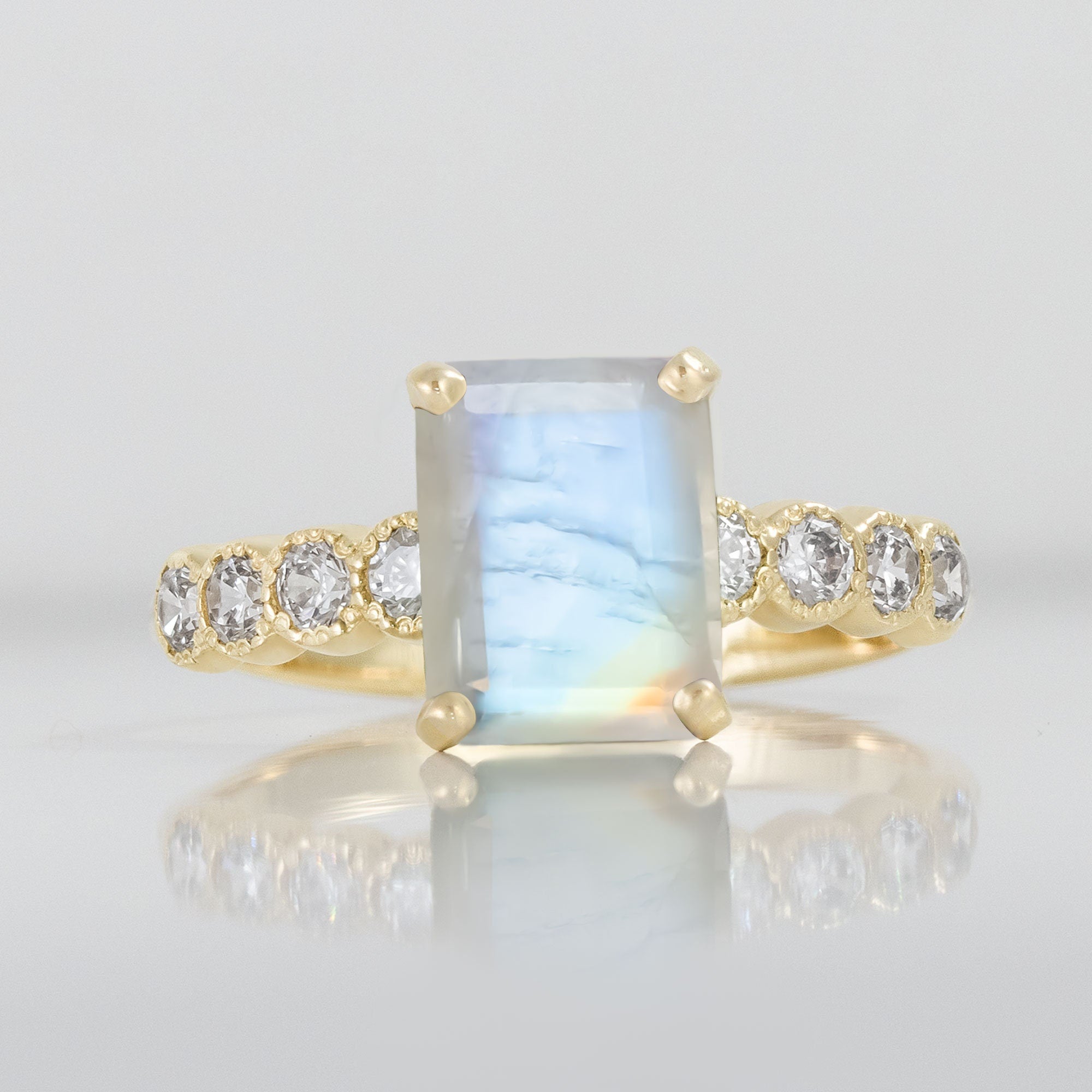 Rainbow Moonstone Ring - June Birthstone - Octagon Rainbow Moonstone Statement Engagement Ring with Clear Quartz Accents - H.L.Jewelry