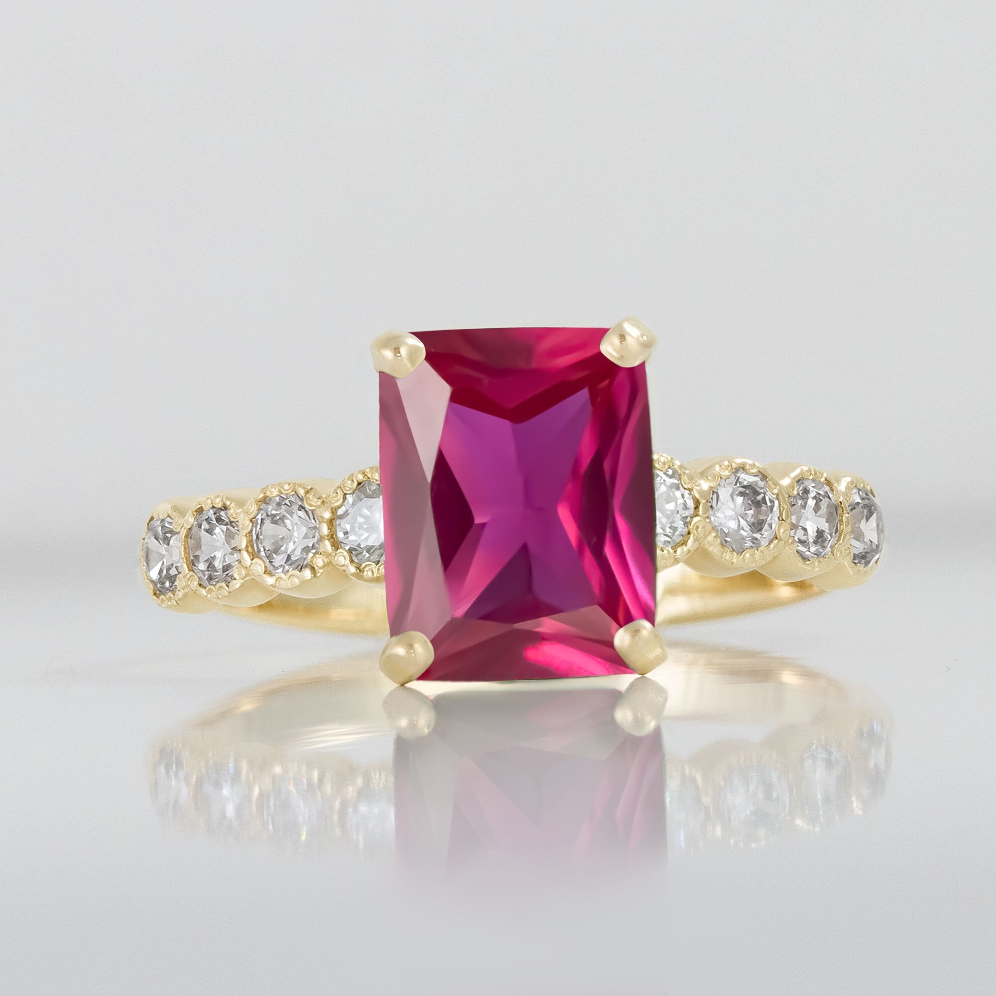 Ruby Ring - July Birthstone - Octagon Ruby Gemstone Statement Engagement Ring with Clear Quartz Accents - H.L.Jewelry