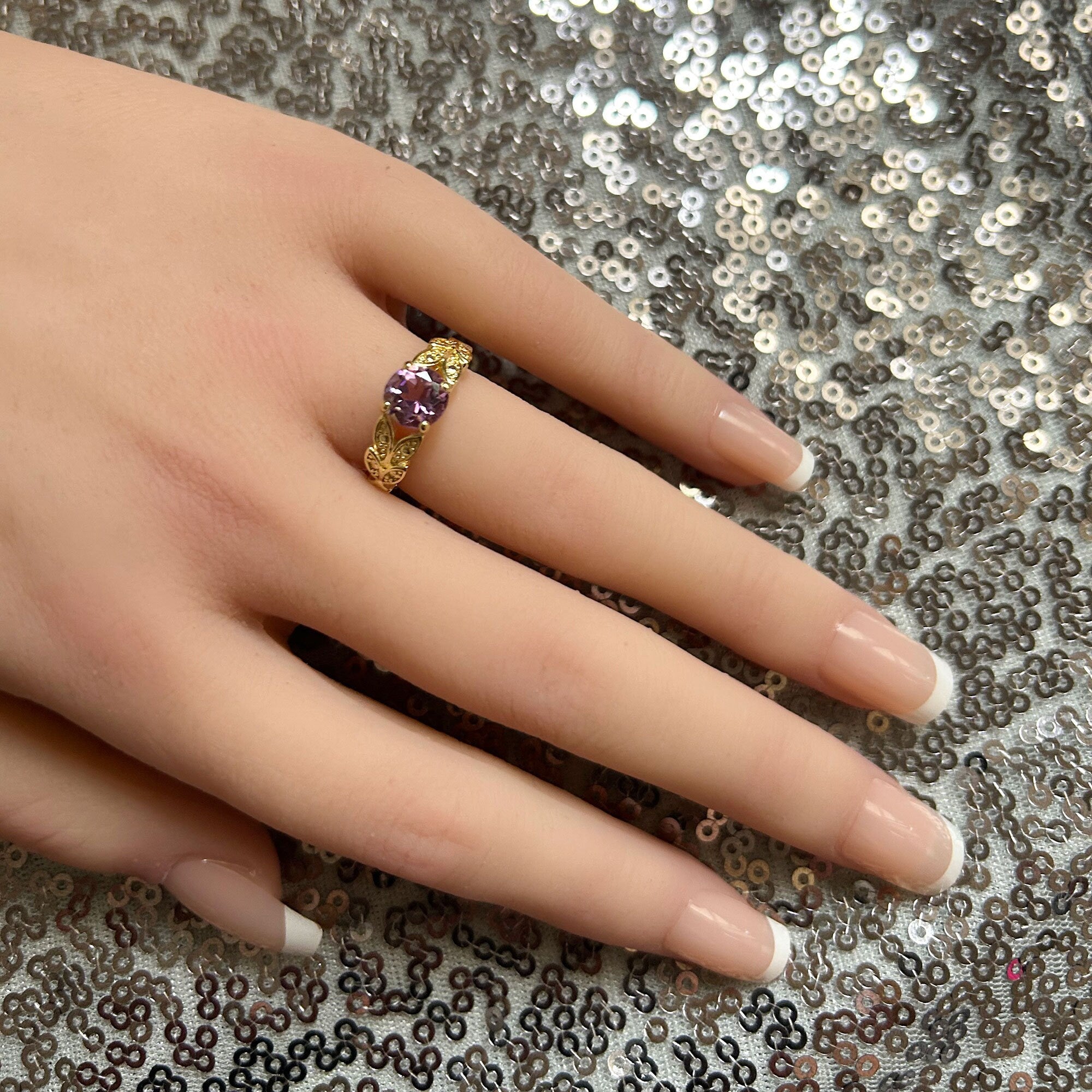 Purple Amethyst Ring - February Birthstone - Round Purple Amethyst Gemstone Flower Leaves Ring - H.L.Jewelry