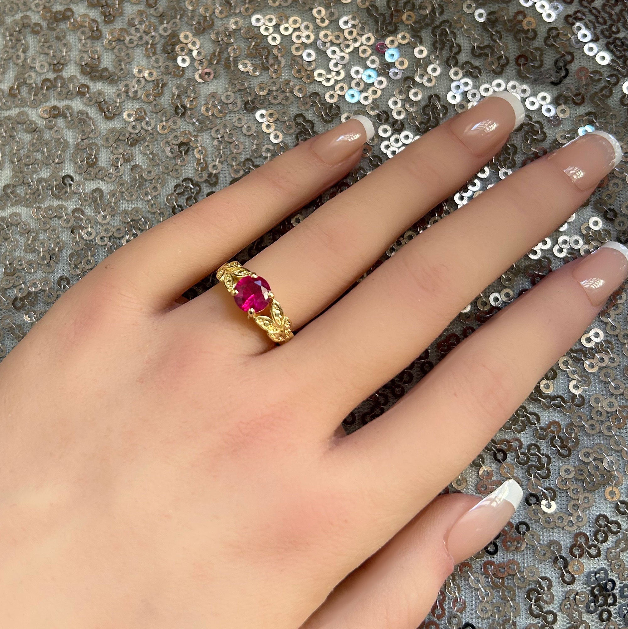 Ruby Ring - July Birthstone - Gold Ring - Lace Ring - Flower Ring - Leaves Ring - H.L.Jewelry