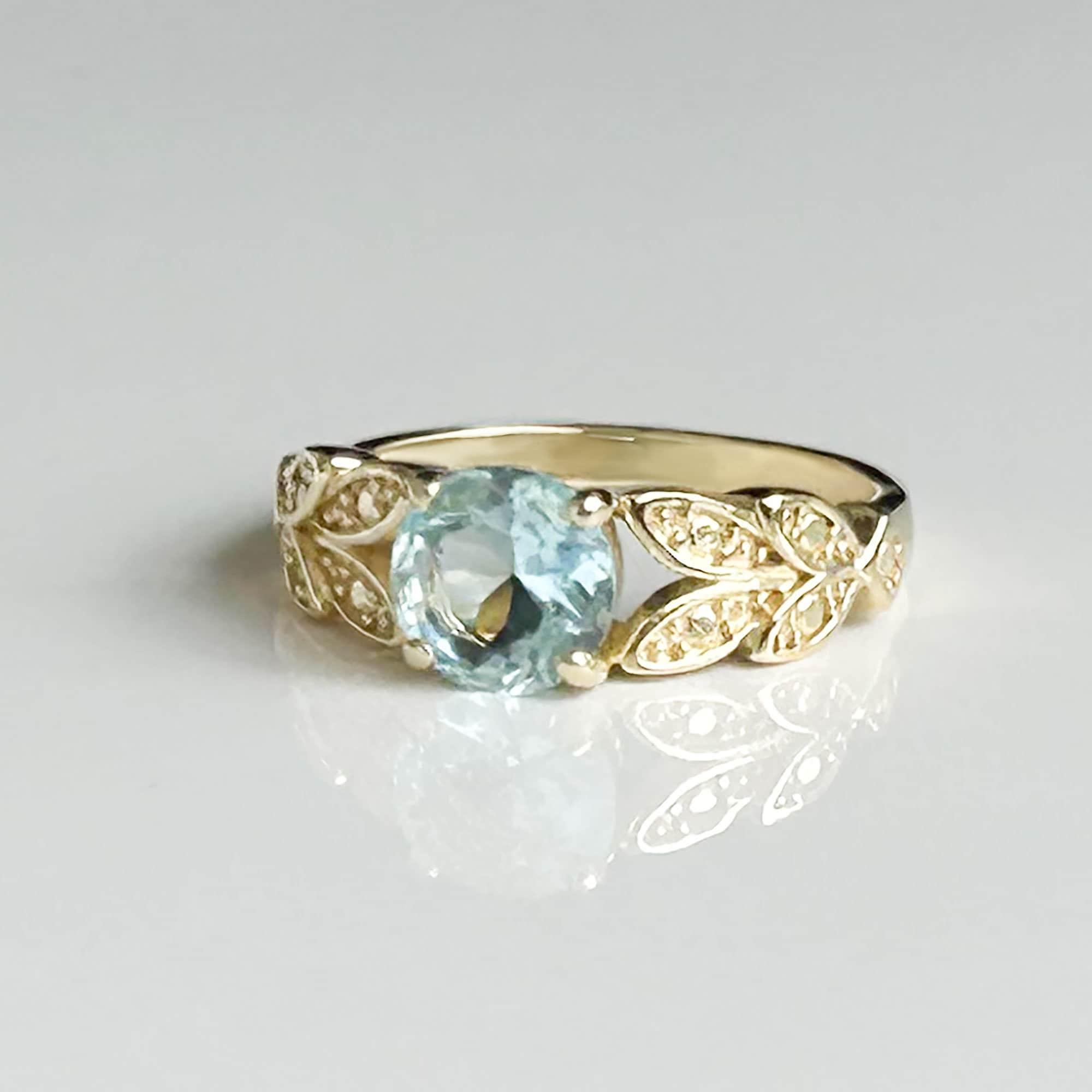 Aquamarine Ring - March Birthstone - Round Aquamarine Gemstone Flower Leaves Ring - H.L.Jewelry