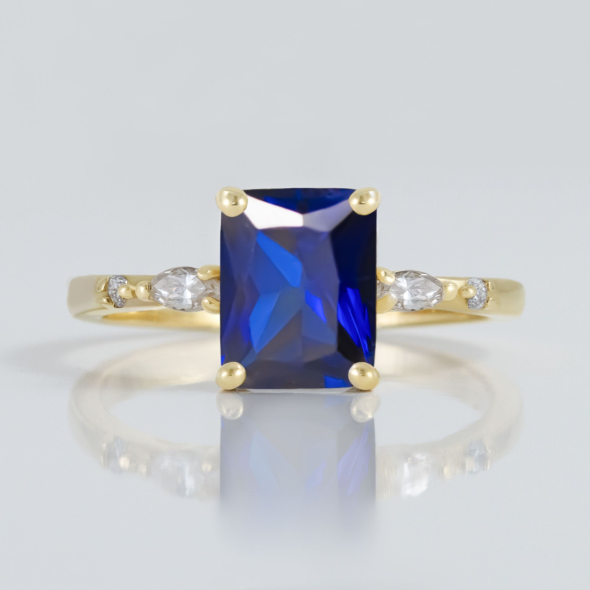 Blue Sapphire Ring - September Birthstone - Statement Engagement Ring with Octagon Blue Sapphire and Clear Quartz Accents - H.L.Jewelry