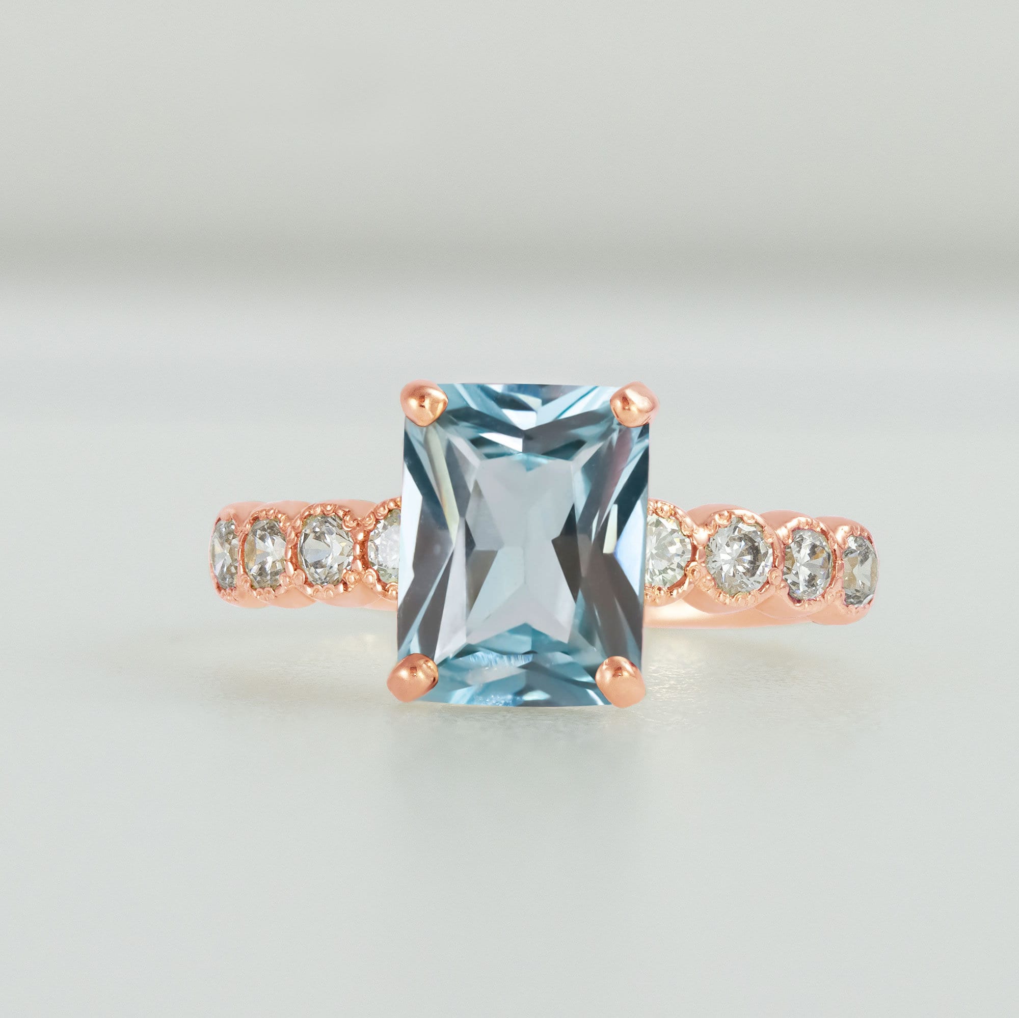 Aquamarine Ring - March Birthstone - Statement Engagement Ring with Octagon Aquamarine and Clear Quartz Accents - H.L.Jewelry