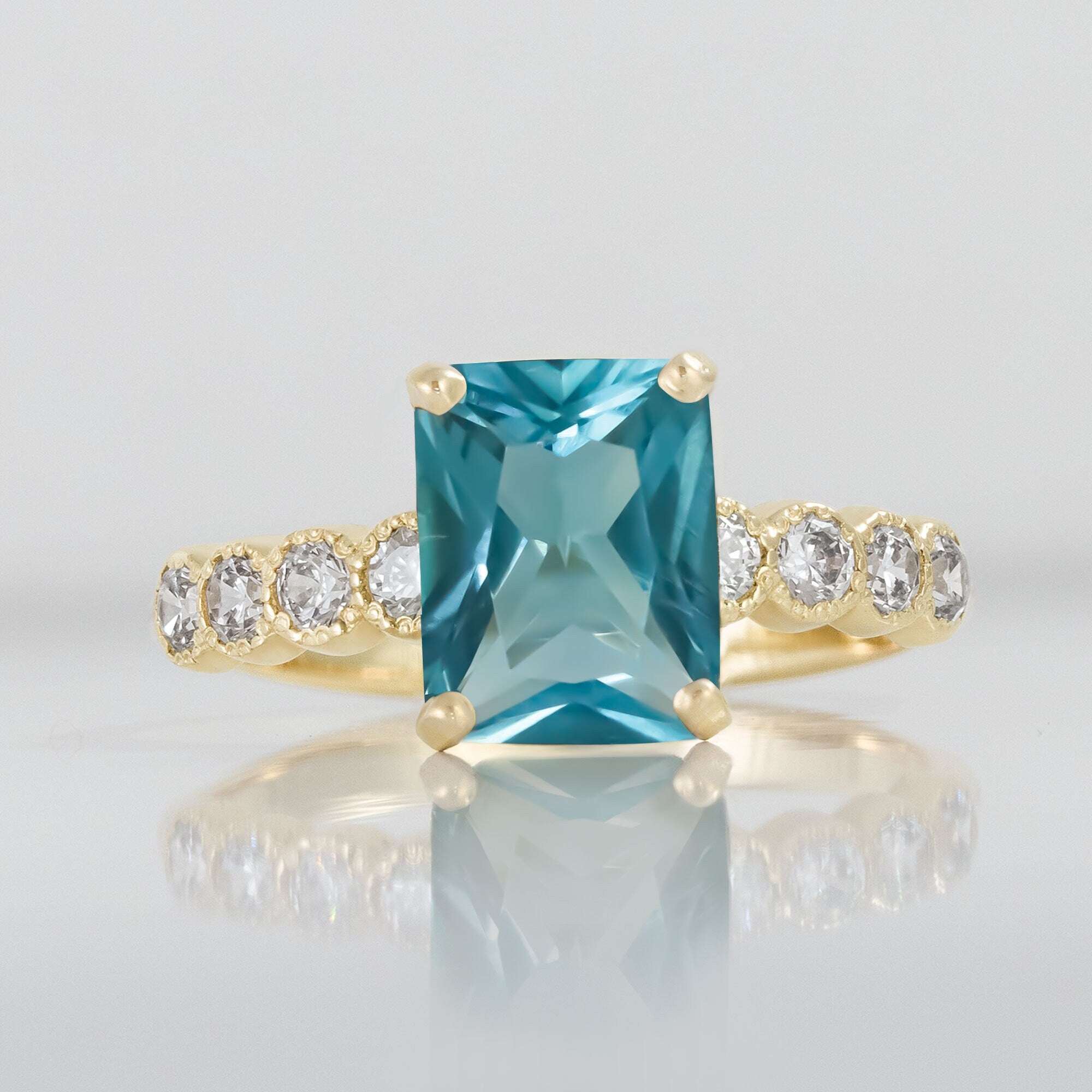 Blue Topaz Ring - December Birthstone - Octagon Blue Topaz Statement Engagement Ring with Clear Quartz Accents - H.L.Jewelry