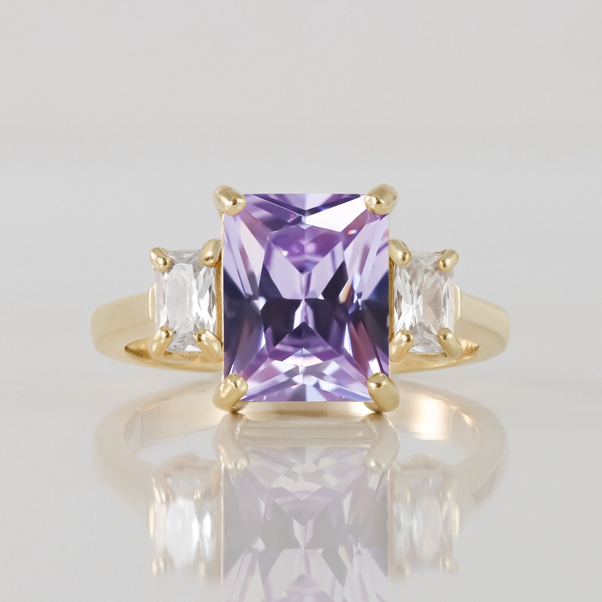 Lavender Amethyst Ring -  Statement Engagement Ring with Octagon Lavender Amethyst Gemstone and Clear Quartz Accents - H.L.Jewelry