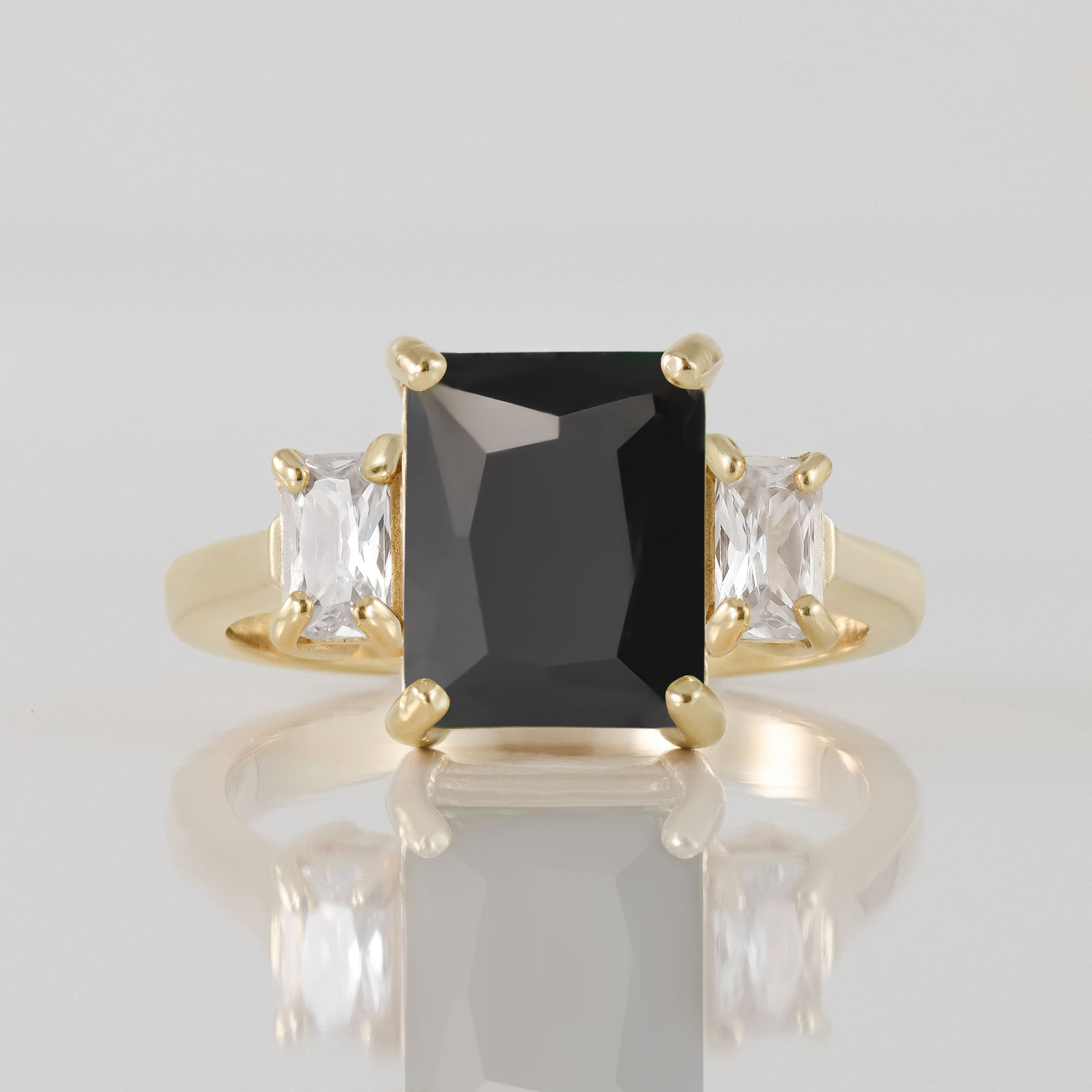 Black Onyx Ring - December Birthstone - Statement Engagement Ring with Octagon Black Onyx Gemstone and Clear Quartz Accents - H.L.Jewelry