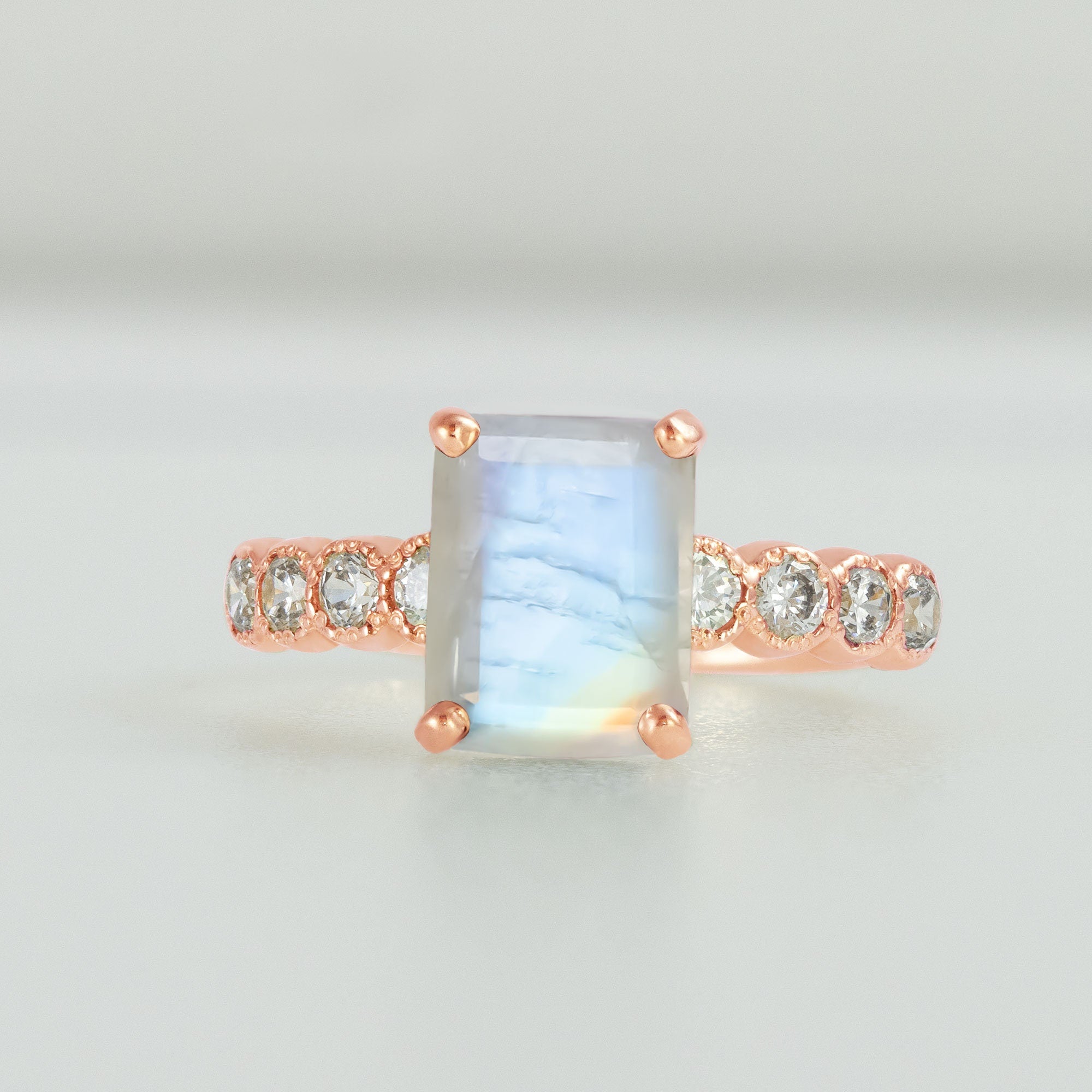 Rainbow Moonstone Ring - June Birthstone - Octagon Rainbow Moonstone Statement Engagement Ring with Clear Quartz Accents - H.L.Jewelry