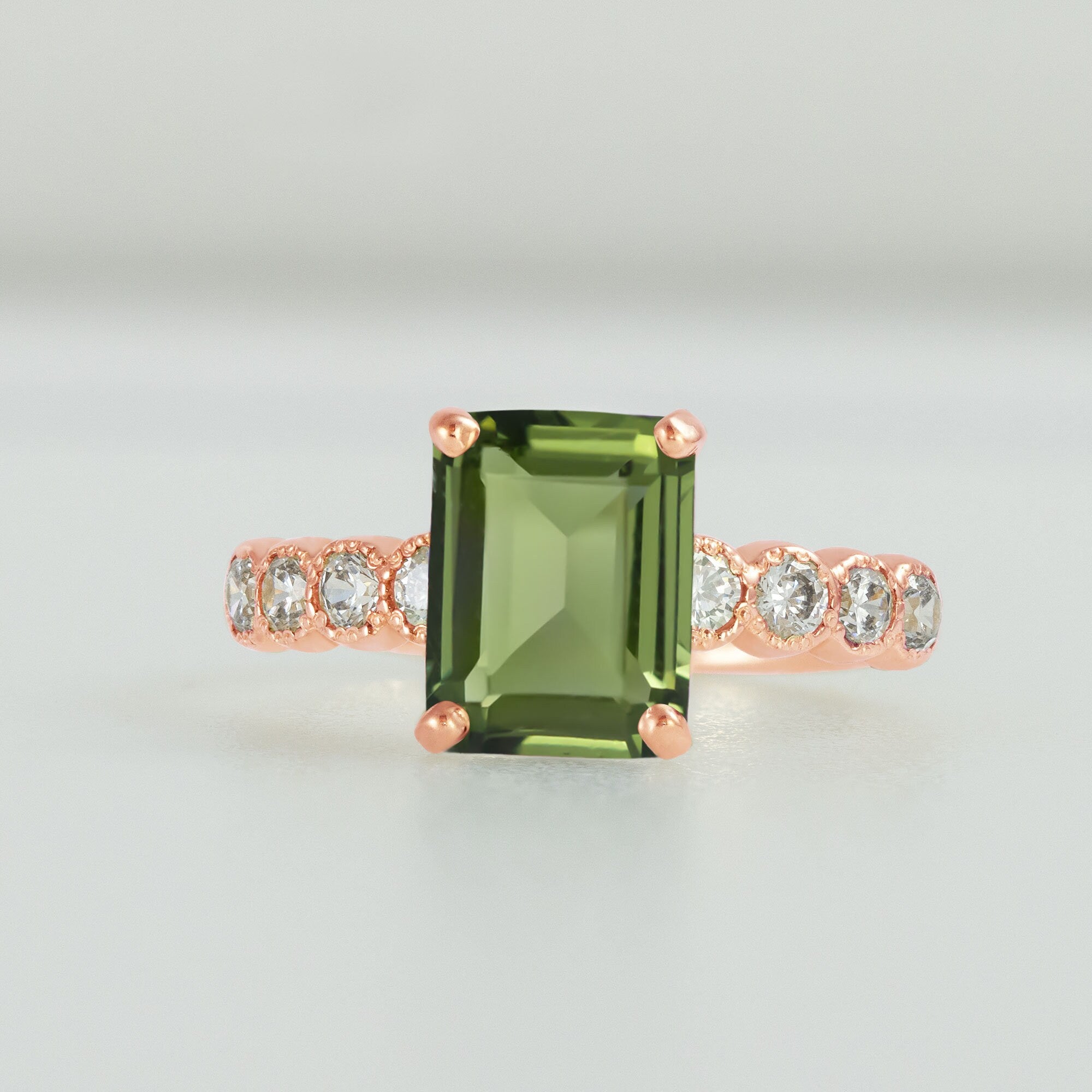 Green Tourmaline Ring - Statement Engagement Ring with Emerald Cut Green Tourmaline Gemstone and Clear Quartz Accents - H.L.Jewelry