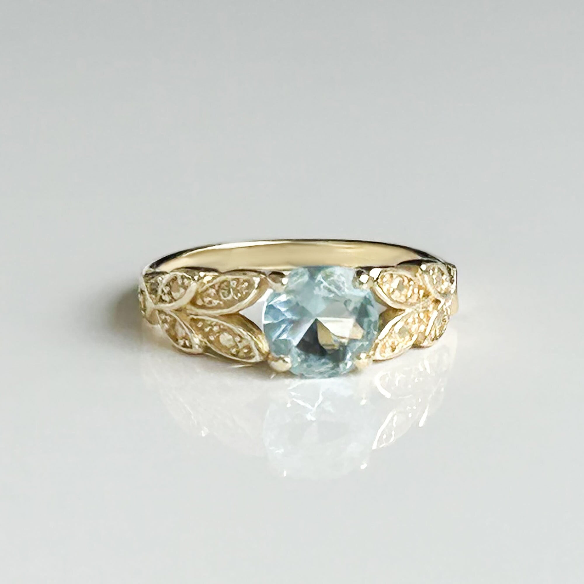 Aquamarine Ring - March Birthstone - Round Aquamarine Gemstone Flower Leaves Ring - H.L.Jewelry