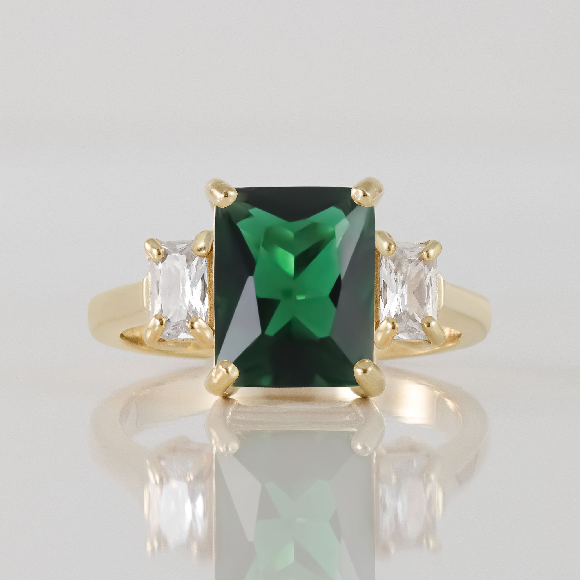 Emerald Ring - May Birthstone - Statement Engagement Ring with Octagon Emerald Gemstone and Clear Quartz Accents - H.L.Jewelry