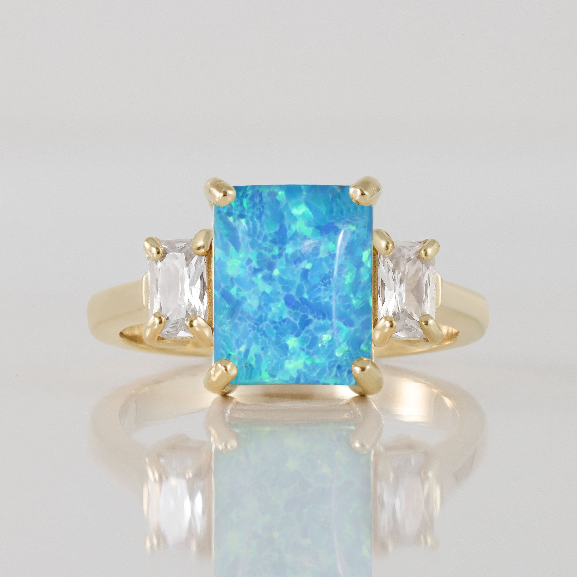 Blue Opal Ring - October Birthstone - Statement Engagement Ring with Octagon Blue Opal and Clear Quartz Accents - H.L.Jewelry