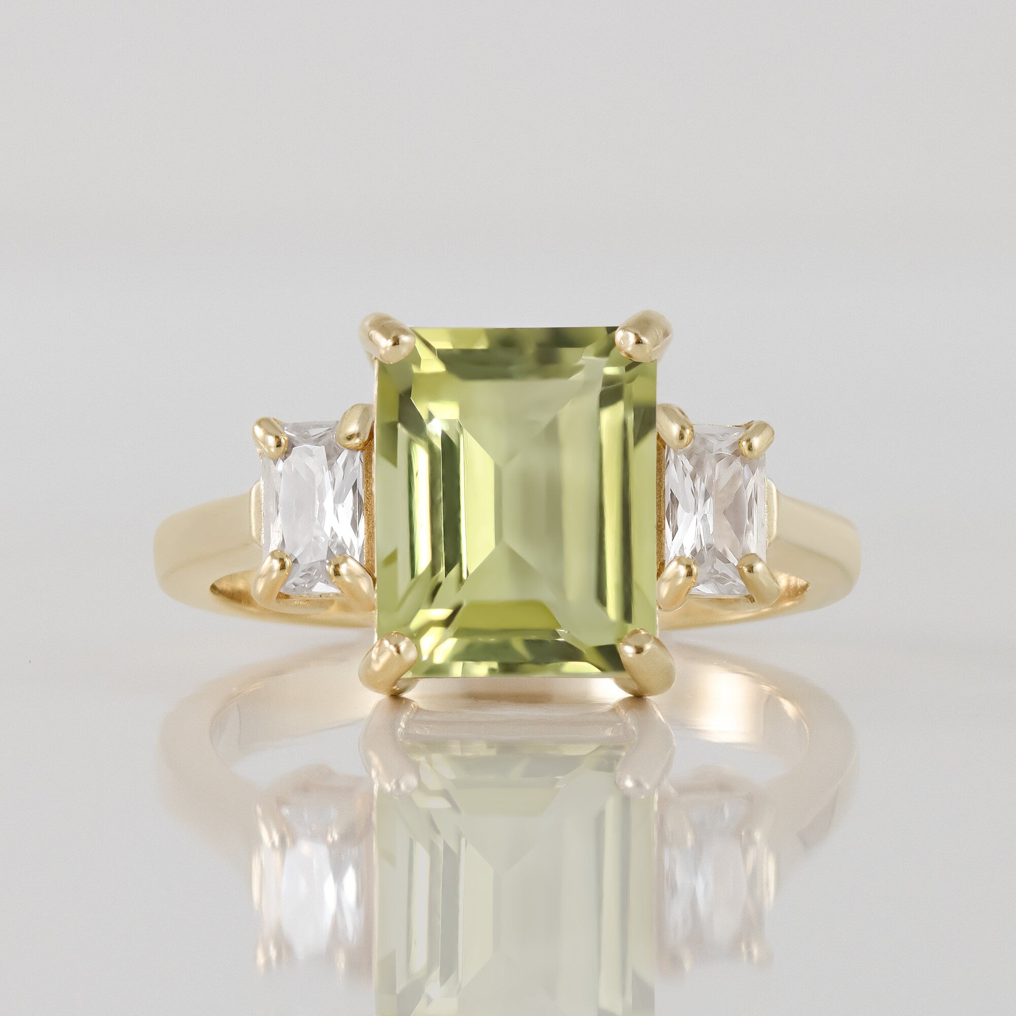 Lemon Quartz Ring - Statement Engagement Ring with Octagon Lemon Quartz Gemstone and Clear Quartz Accents - H.L.Jewelry