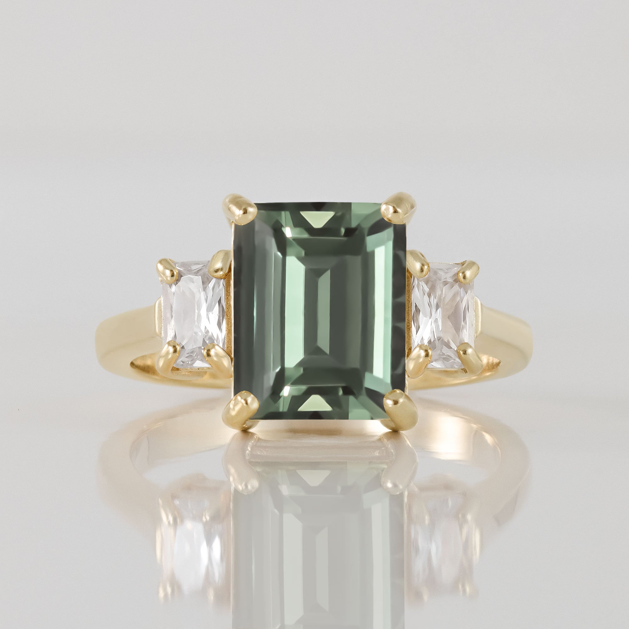 Green Tourmaline Ring - Statement Engagement Ring with Emerald-Cut Green Tourmaline Gemstone and Clear Quartz Accents - H.L.Jewelry