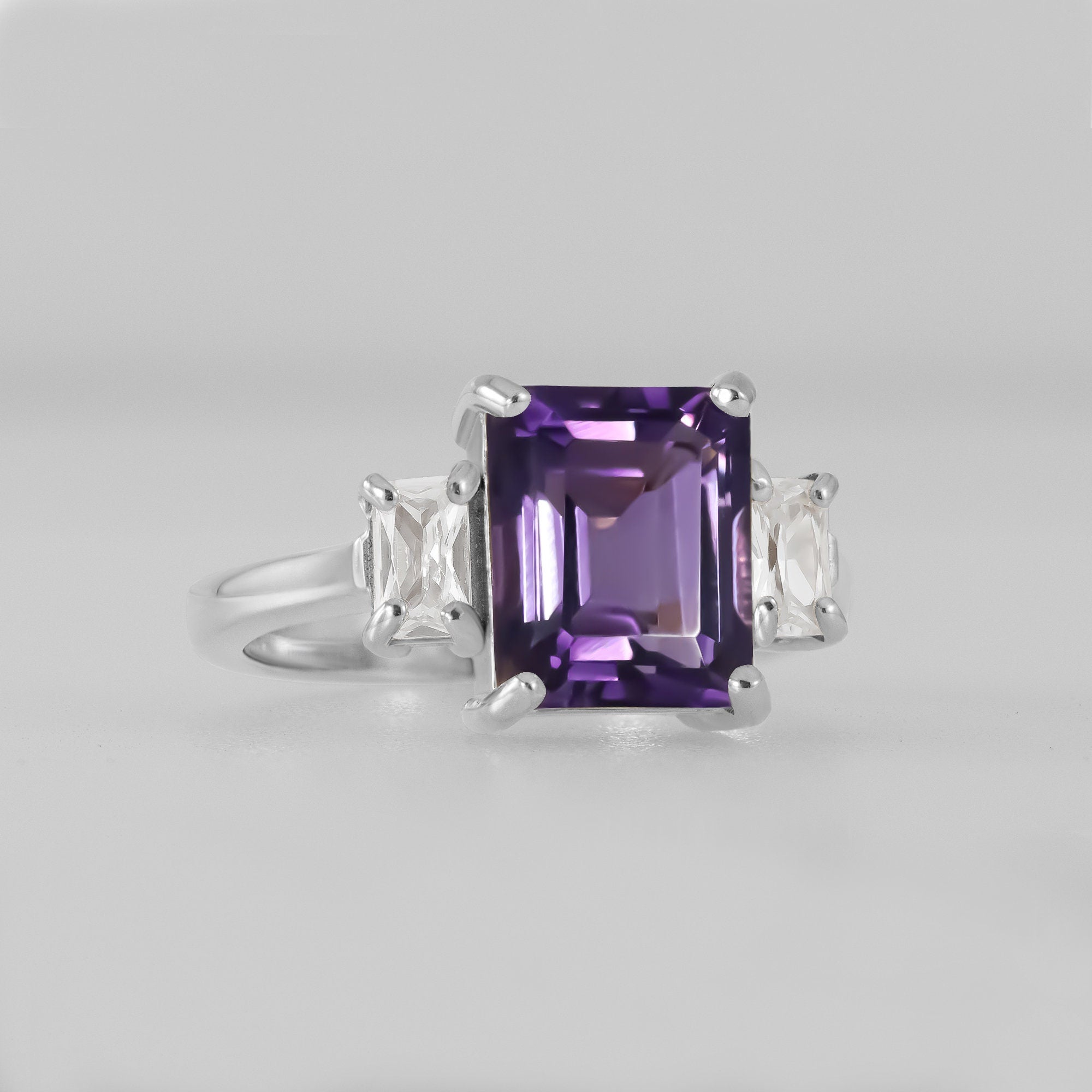 Purple Amethyst Ring - February Birthstone - Statement Engagement Ring with Emerald-Cut Purple Amethyst Gemstone and Clear Quartz Accents - H.L.Jewelry