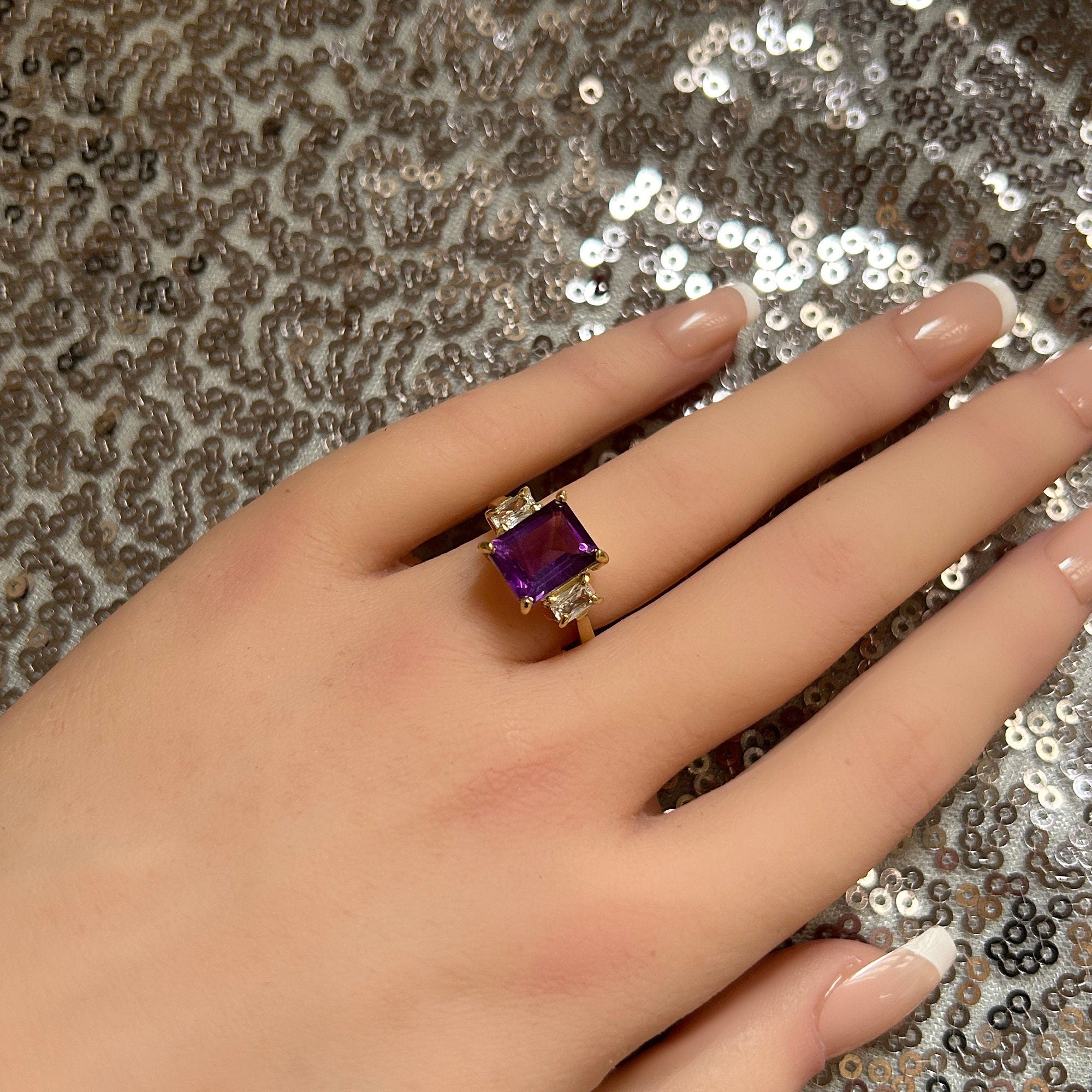 Purple Amethyst Ring - February Birthstone - Statement Engagement Ring with Emerald-Cut Purple Amethyst Gemstone and Clear Quartz Accents - H.L.Jewelry