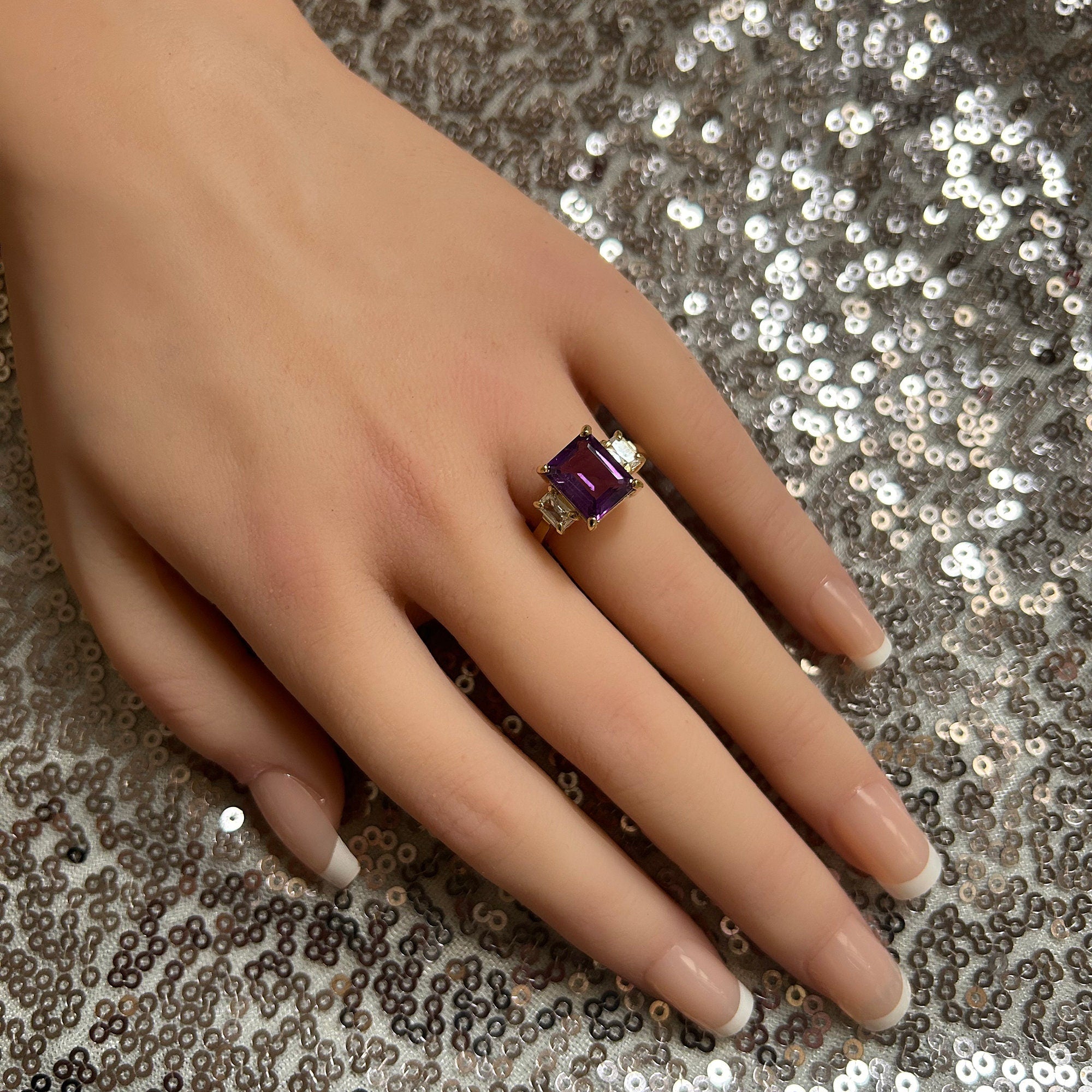 Purple Amethyst Ring - February Birthstone - Statement Engagement Ring with Emerald-Cut Purple Amethyst Gemstone and Clear Quartz Accents - H.L.Jewelry