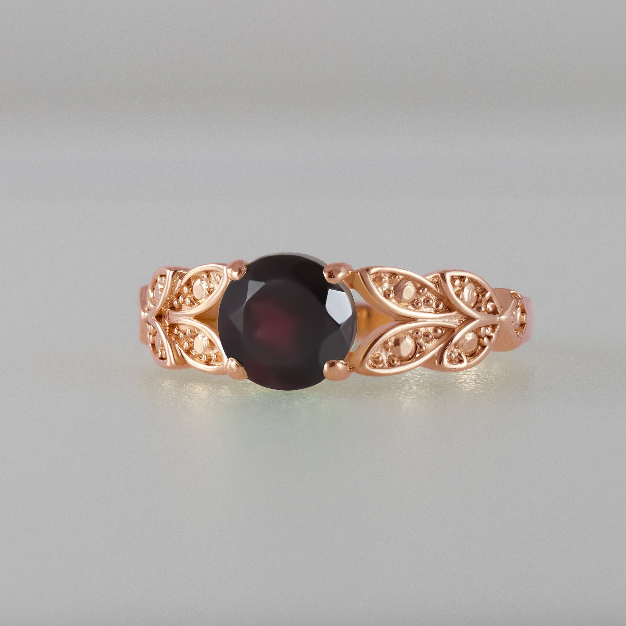 Red Garnet Ring - January Birthstone - Round Red Garnet Gemstone Flower Leaves Ring - H.L.Jewelry