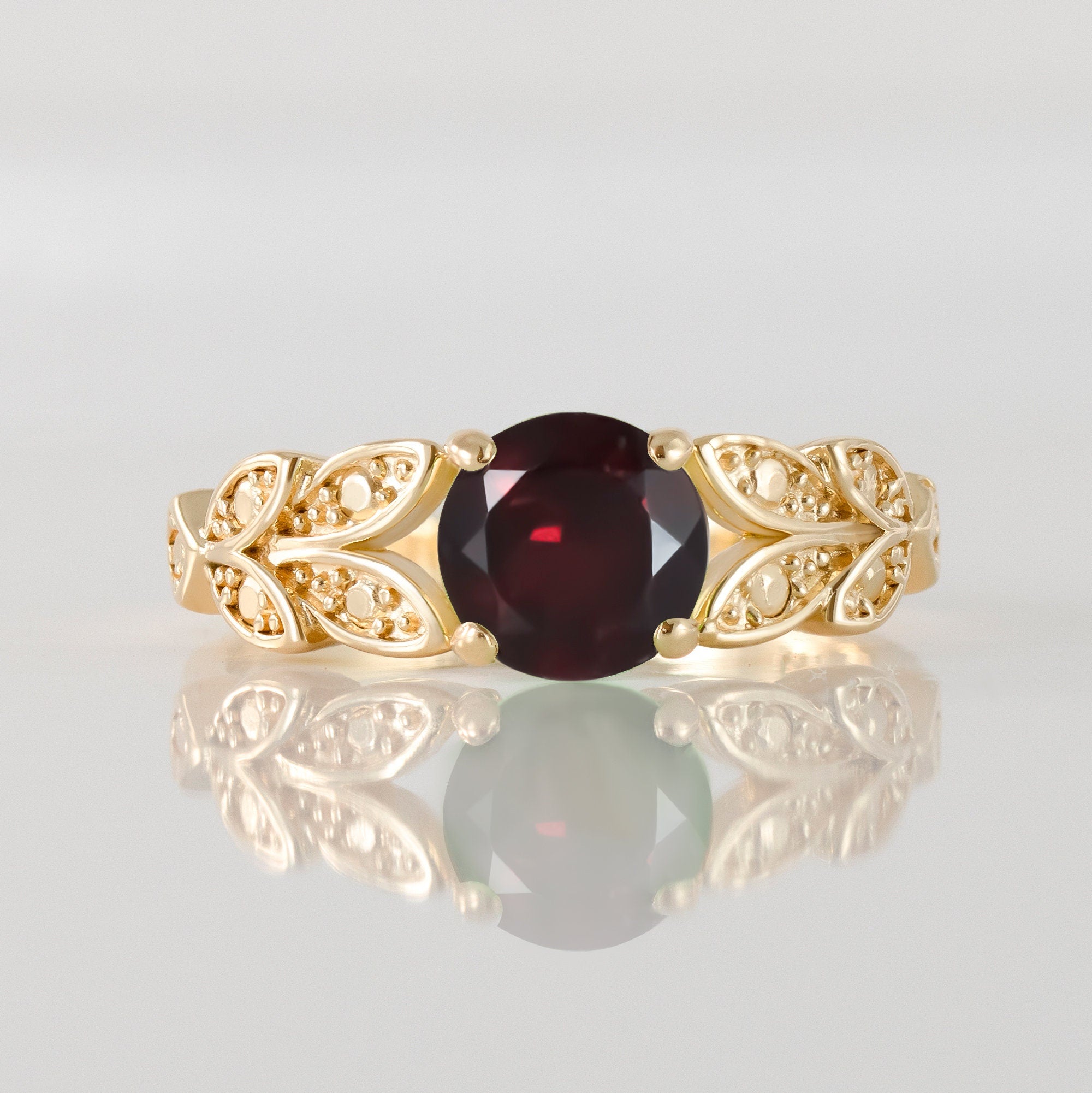 Red Garnet Ring - January Birthstone - Round Red Garnet Gemstone Flower Leaves Ring - H.L.Jewelry