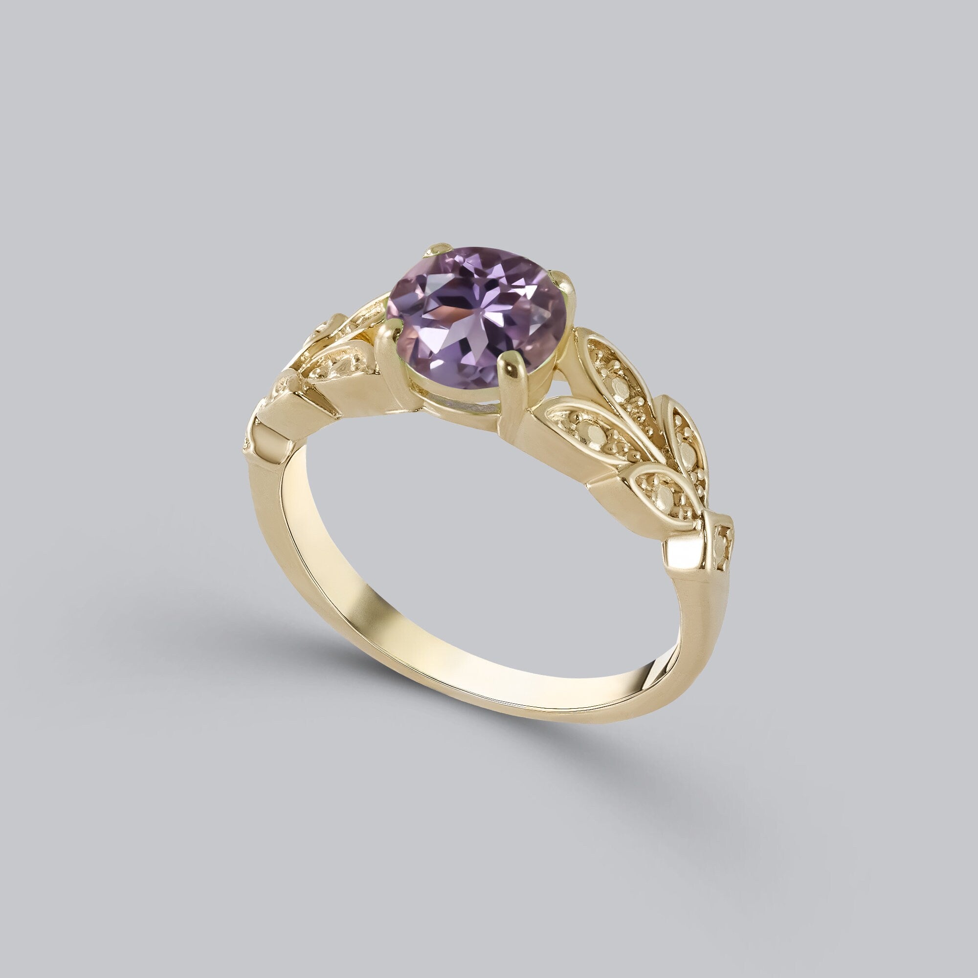 Purple Amethyst Ring - February Birthstone - Round Purple Amethyst Gemstone Flower Leaves Ring - H.L.Jewelry