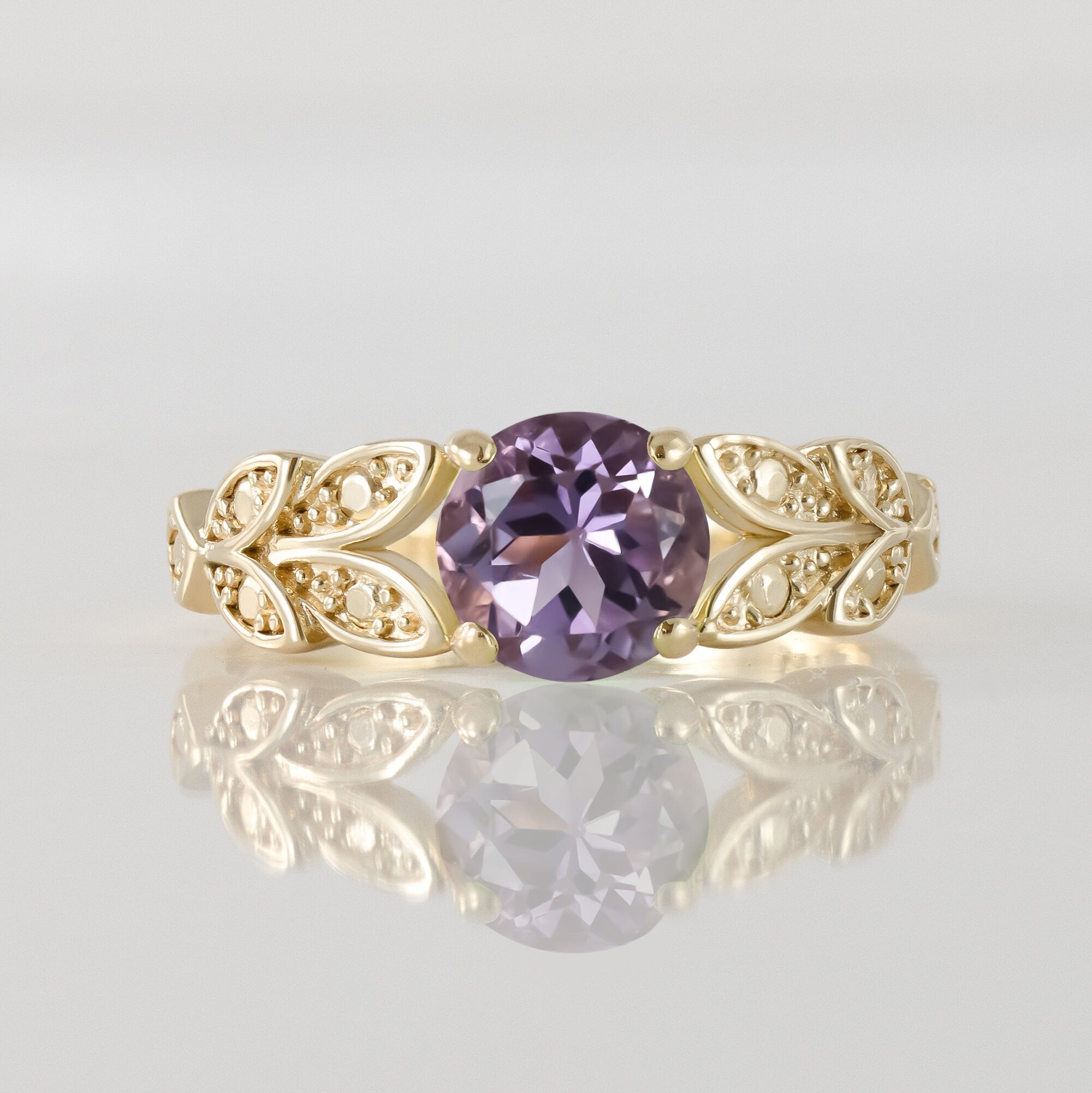 Purple Amethyst Ring - February Birthstone - Round Purple Amethyst Gemstone Flower Leaves Ring - H.L.Jewelry