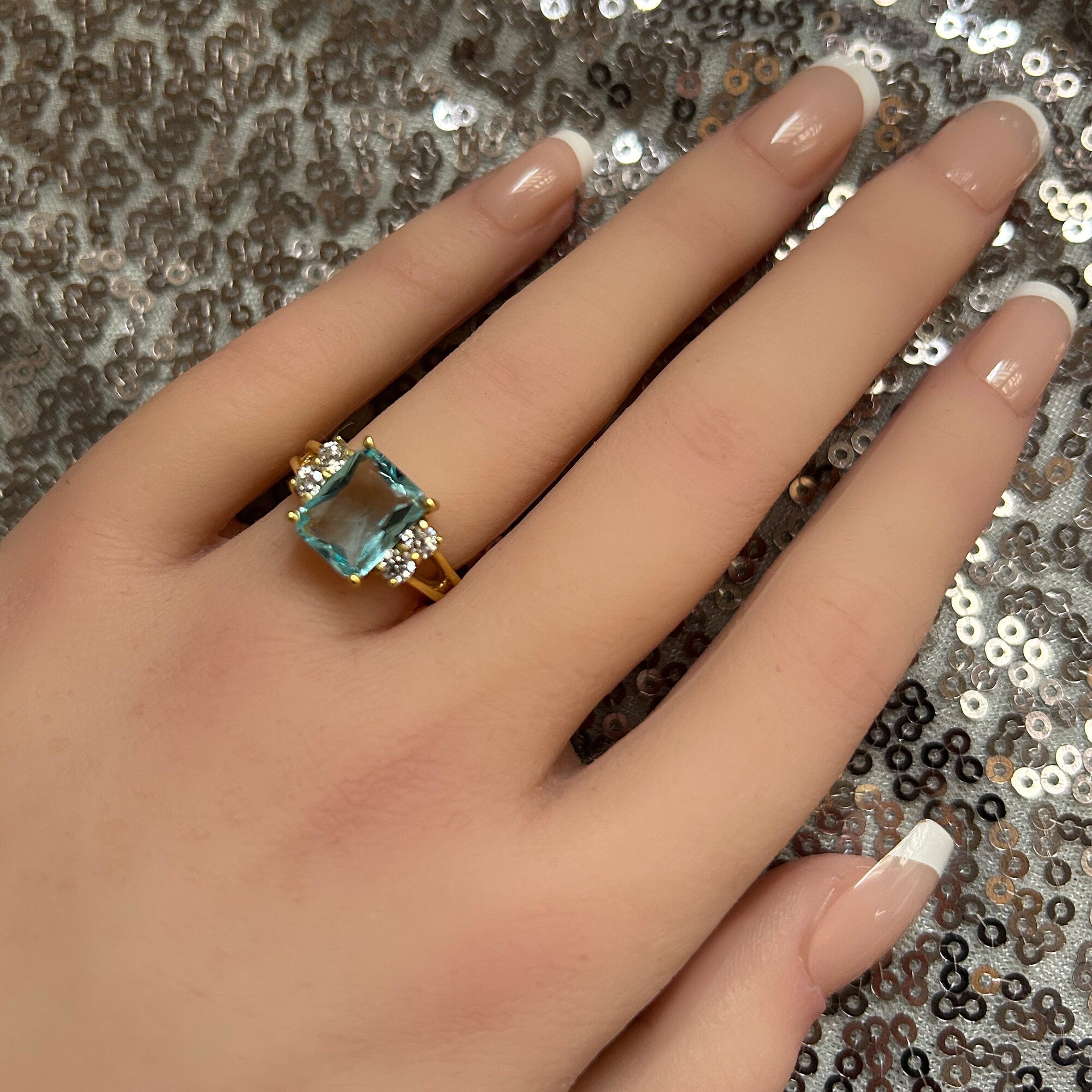 Aquamarine Ring - March Birthstone - Statement Engagement Ring with Octagon Aquamarine Gemstone and Clear Quartz Accents - H.L.Jewelry