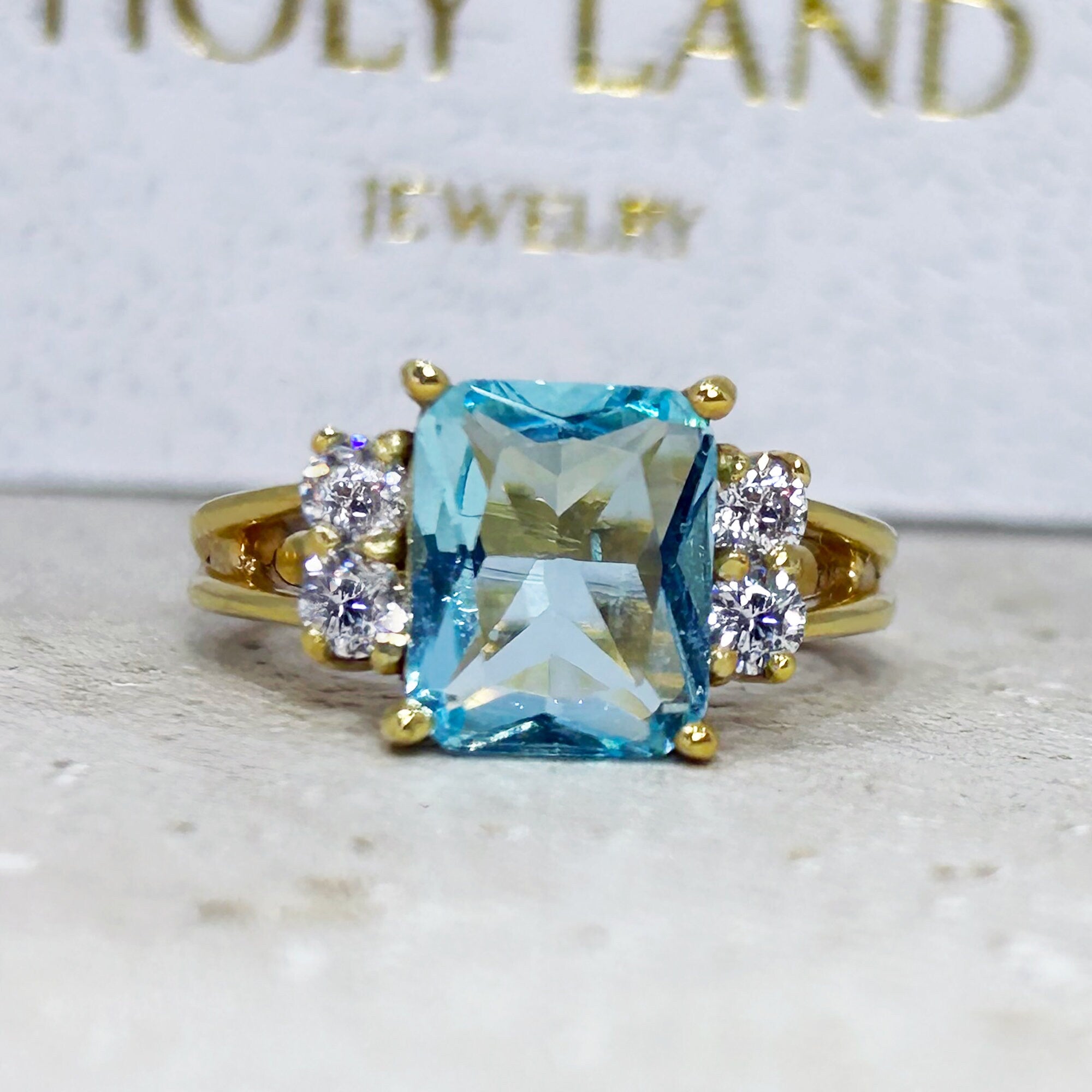 Aquamarine Ring - March Birthstone - Statement Engagement Ring with Octagon Aquamarine Gemstone and Clear Quartz Accents - H.L.Jewelry