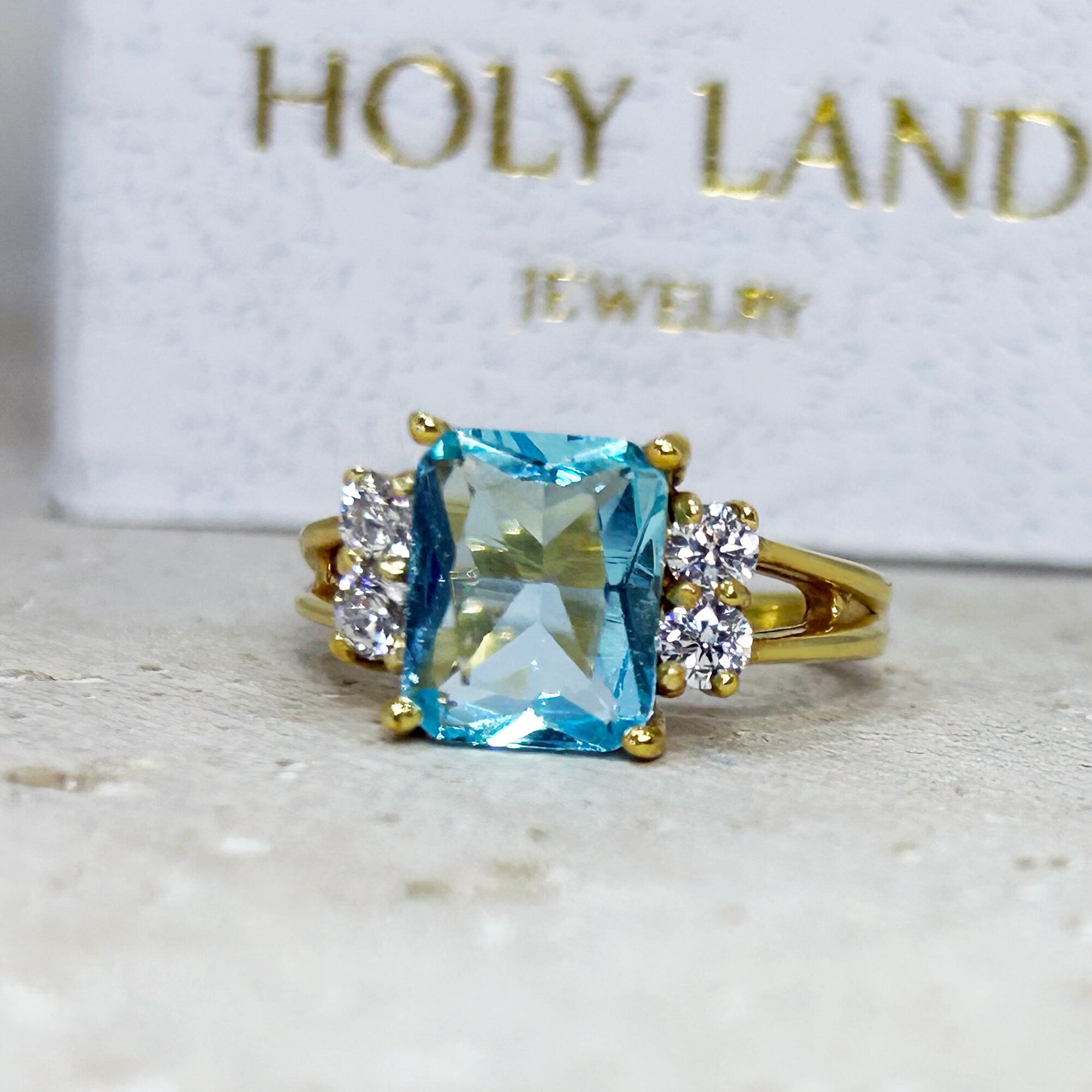 Aquamarine Ring - March Birthstone - Statement Engagement Ring with Octagon Aquamarine Gemstone and Clear Quartz Accents - H.L.Jewelry