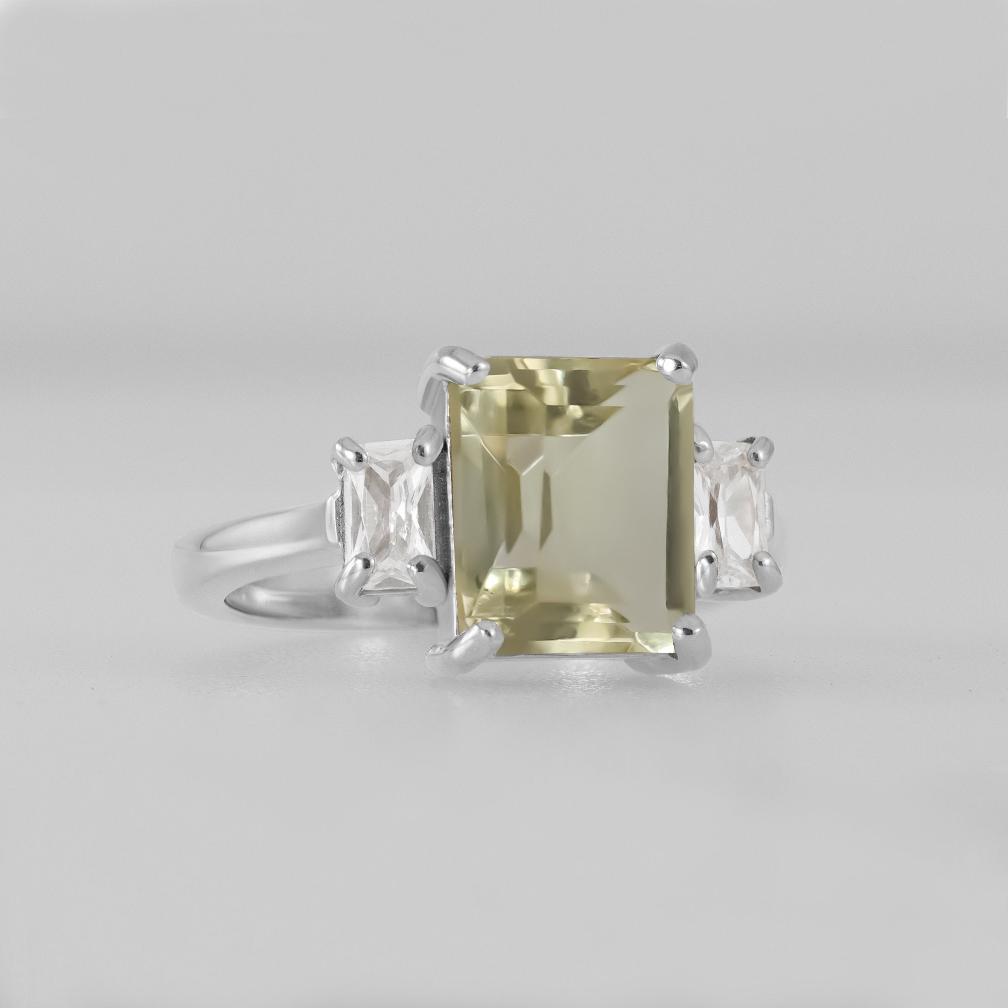 Lemon Quartz Ring - Statement Engagement Ring with Octagon Lemon Quartz Gemstone and Clear Quartz Accents - H.L.Jewelry